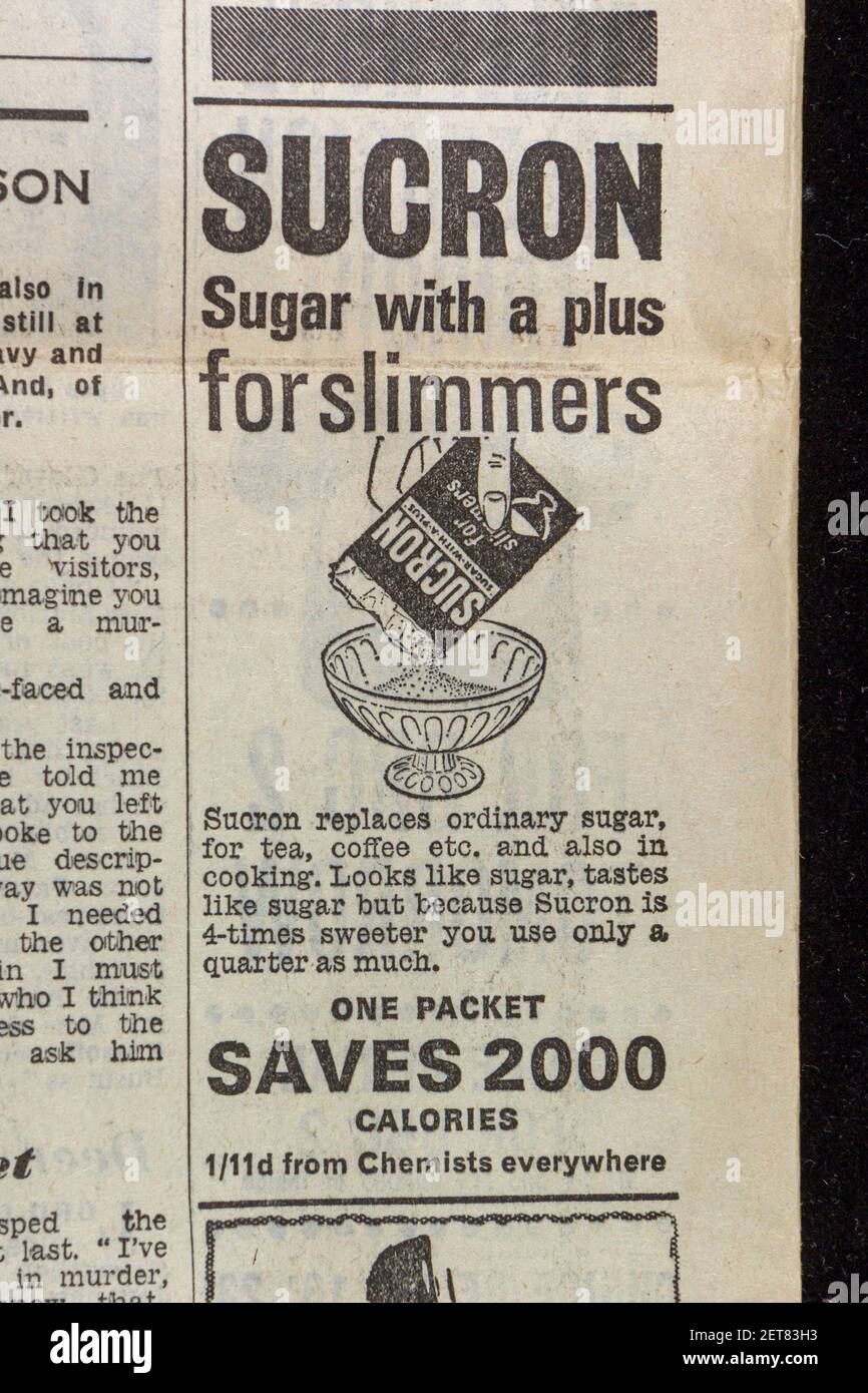Annuncio per Sucron, un sostituto dello zucchero da utilizzare nel tè, caffè, ecc nel quotidiano serale News (Lunedi 27 aprile 1964), Londra, Regno Unito. Foto Stock