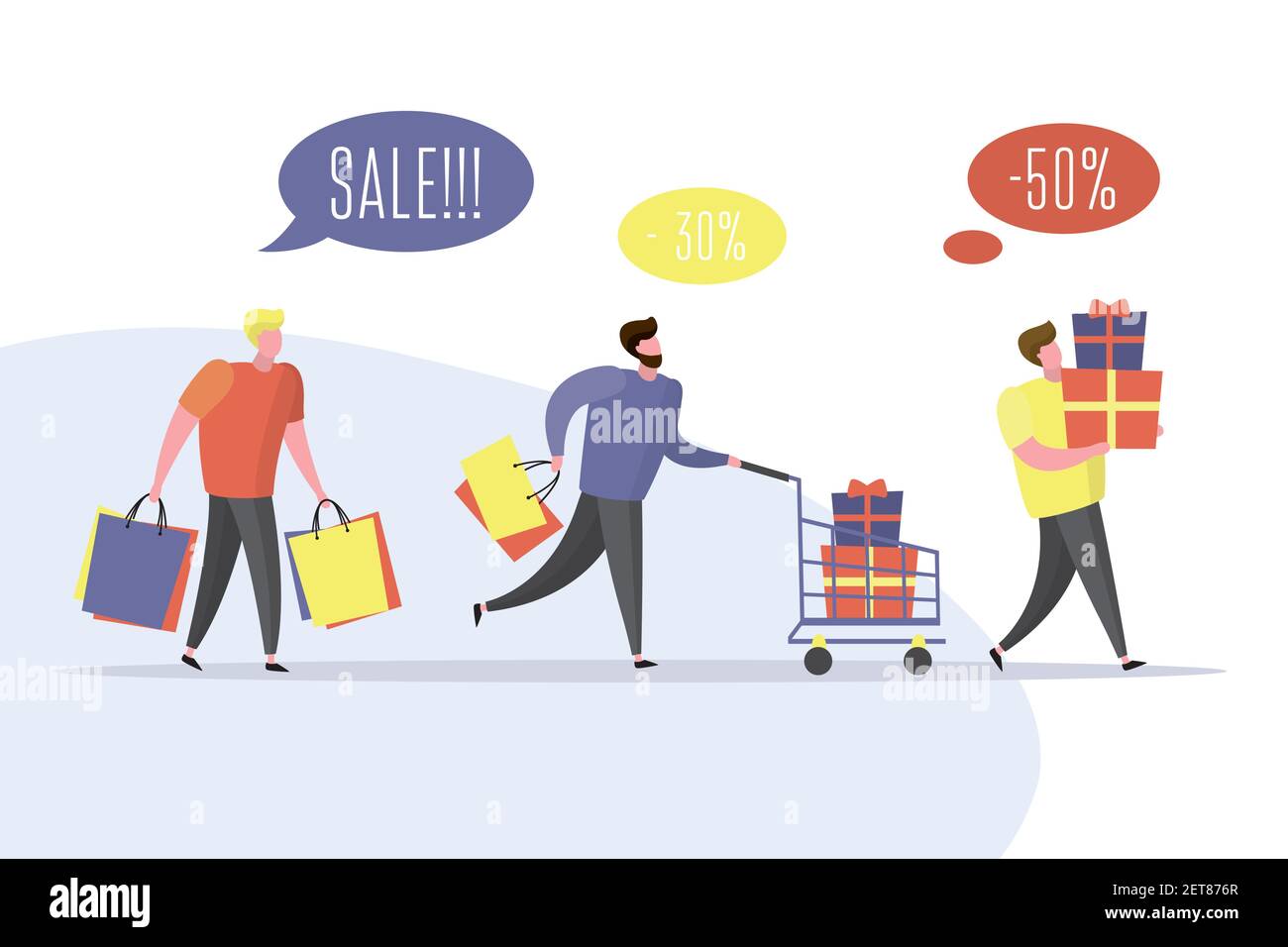 Uomini felici shopping.Male con carrello di shopping, regali e con borse di shopping, discorso bubbles, design alla moda, illustrazione vettoriale piatta Illustrazione Vettoriale