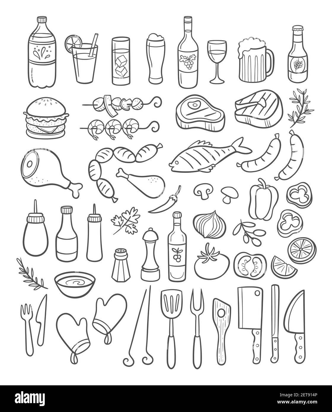 Collezione di elementi barbecue disegnati a mano. Bevande, carne, pesce alla griglia, verdure, salsicce, condimenti e forniture. Illustrazione vettoriale. Illustrazione Vettoriale