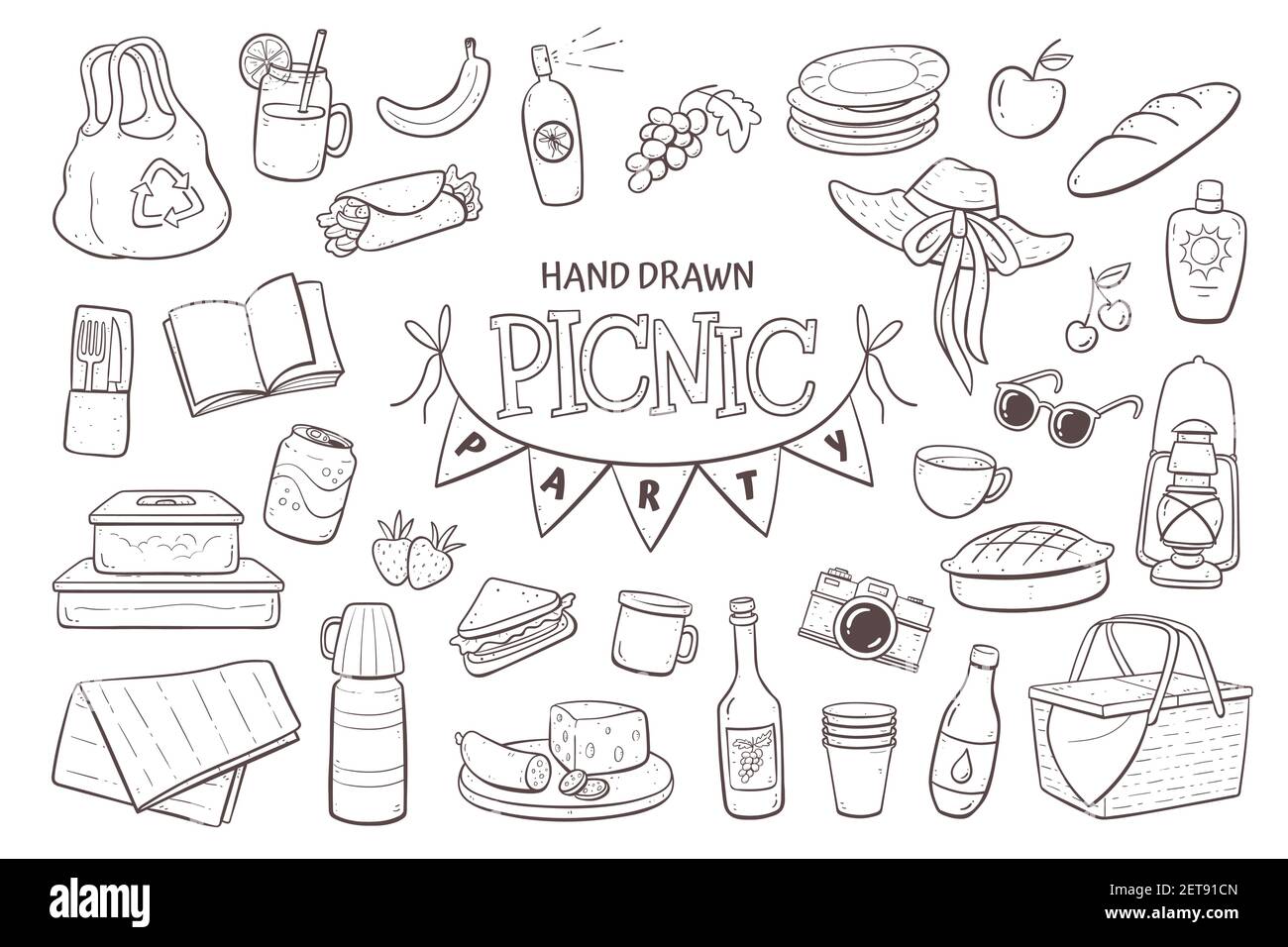 Set per noodle da picnic. Elementi da picnic disegnati a mano isolati su sfondo bianco. Illustrazione Vettoriale