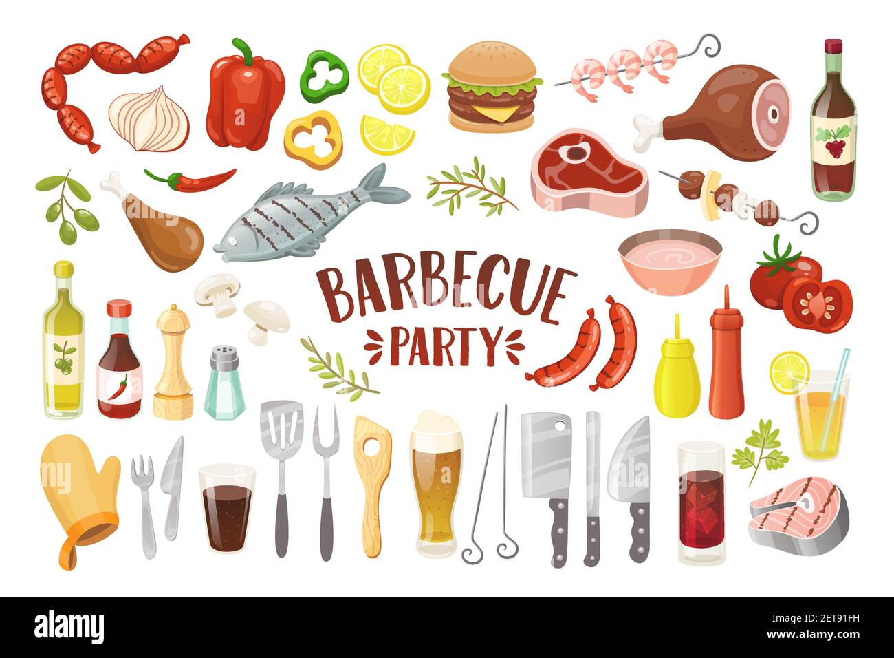 Set di icone barbecue. Pesce alla griglia, carne, pollo, gamberi, bastone, salsicce, hamburger, peeper, bevande, salse e condimenti. Elementi isolati. Illustrazione Vettoriale