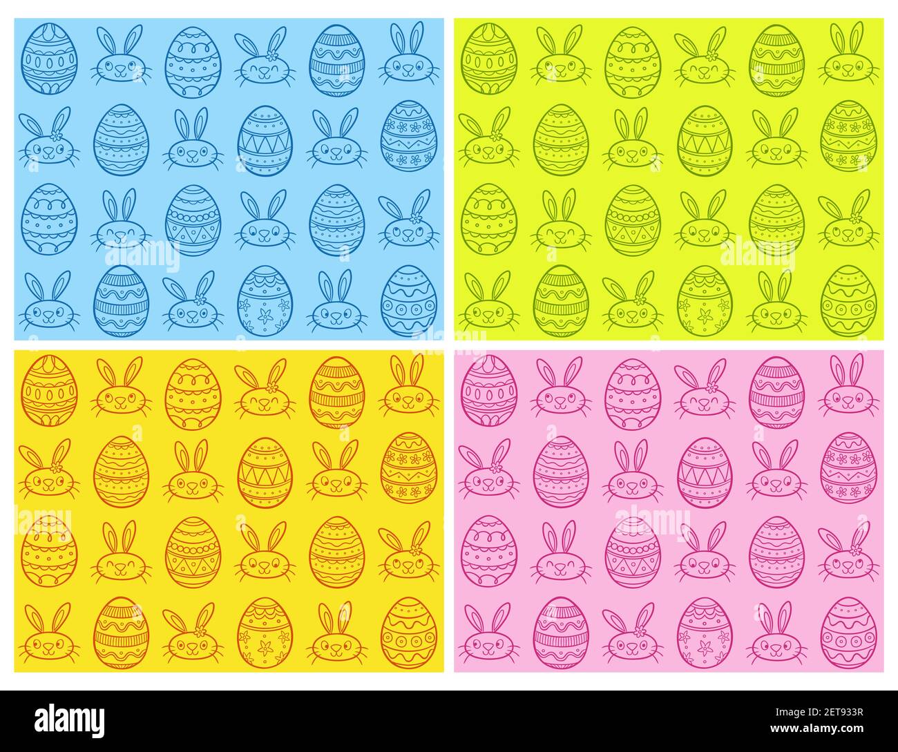 Set di quattro uova di pasqua disegnate a mano e conigli senza cuciture modello. Illustrazioni vettoriali EPS modificabili. Illustrazione Vettoriale