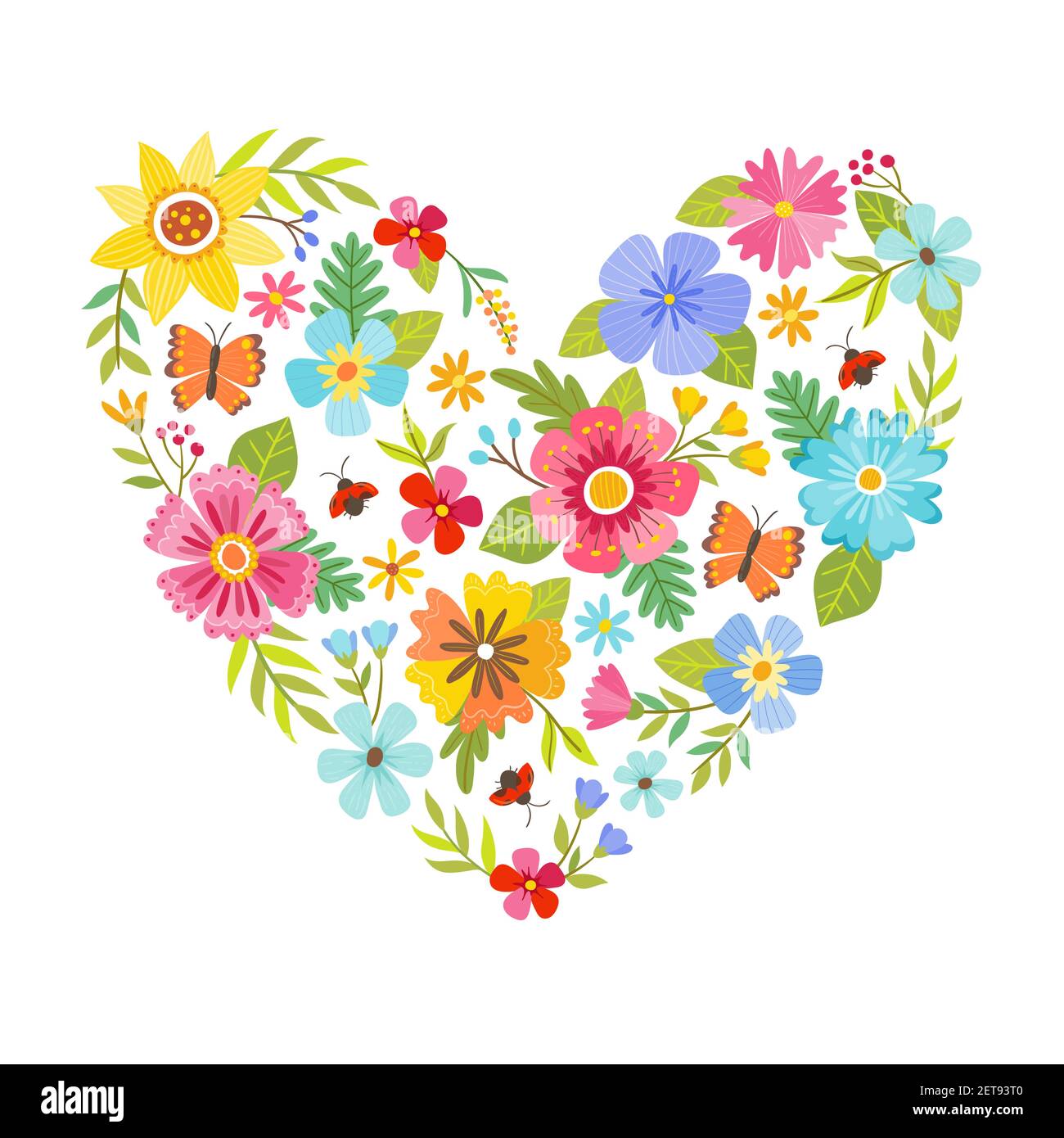 Forma colorata del cuore fatta da fiori. Sfondo stagionale. Può essere utilizzato per biglietti di auguri e matrimoni, regali, cartoline, inviti. Illustratore vettore Illustrazione Vettoriale