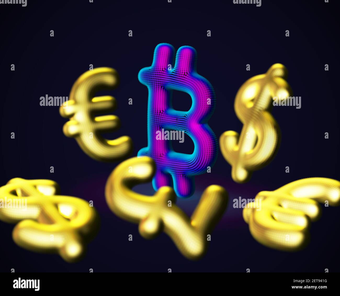 Logo 3D Bitcoin criptovalente circondato da cartelli Fiat Currencies Illustrazione Vettoriale