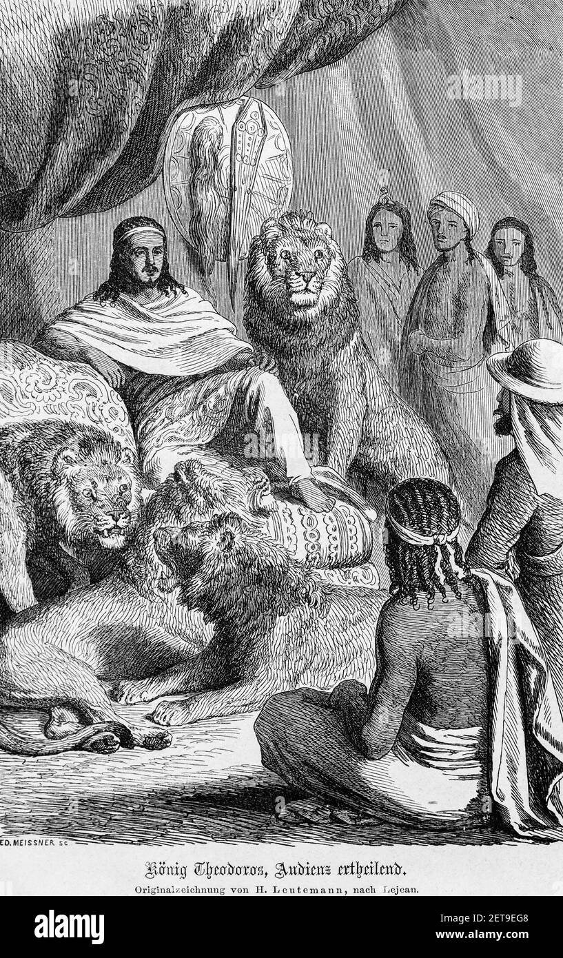 Re Theodoros che dà un pubblico ad alcuni nativi, Abyssina, Etiopia, Africa orientale, Dr. Richard Andree, Abessinien, Land und Volk, Lipsia 1869 Foto Stock