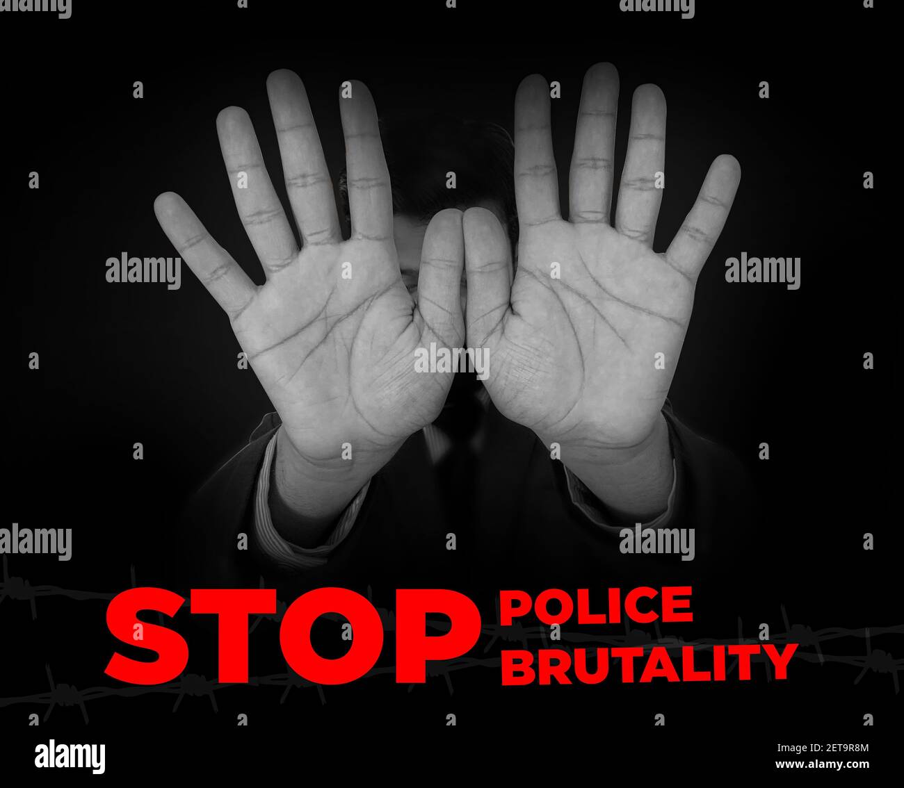 Stop polizia brutalità sfondo concetto in un colore bianco e nero. Uomo resistente con entrambe le mani Foto Stock