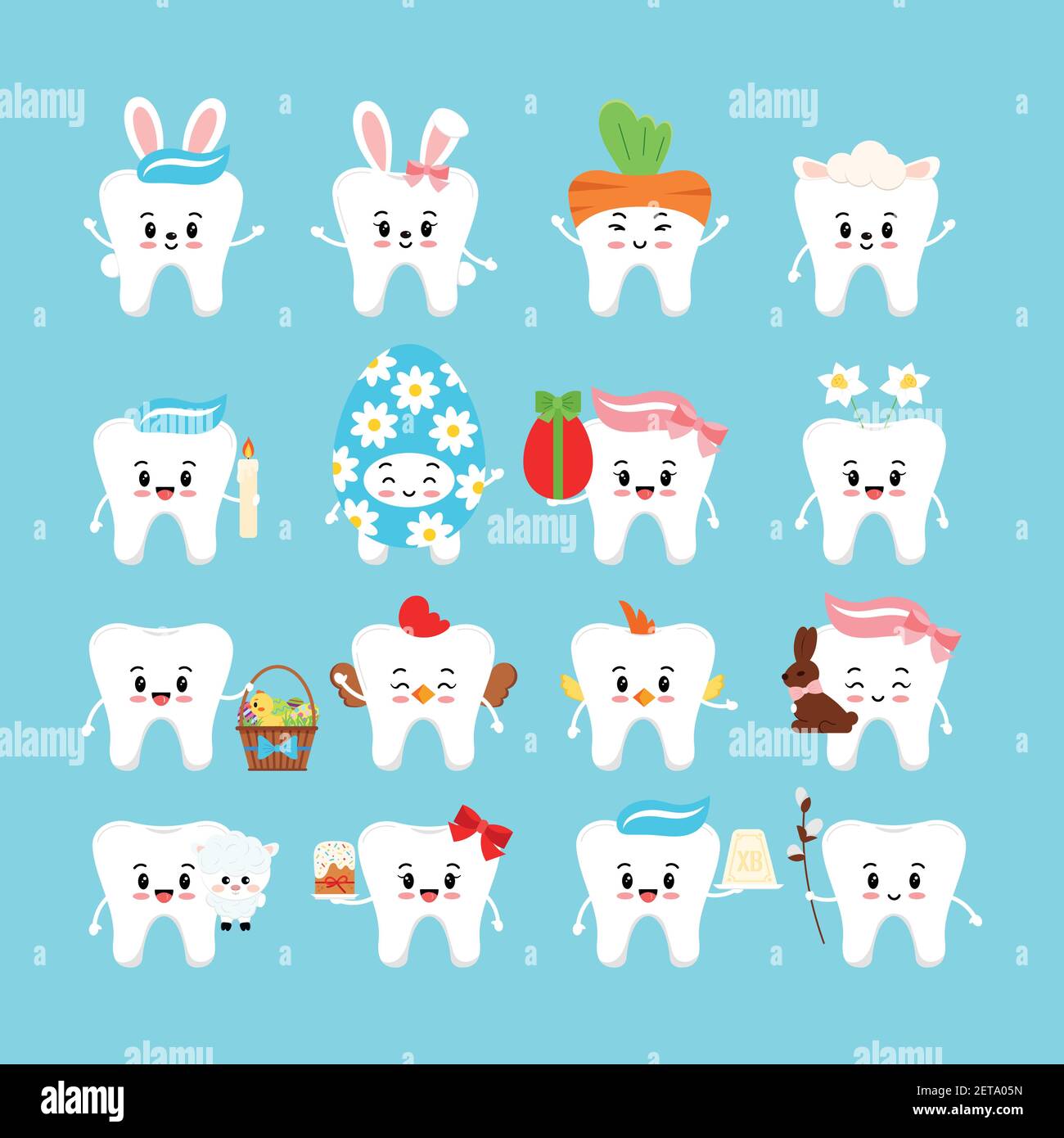Pasqua cute denti dentali icona set. Illustrazione Vettoriale