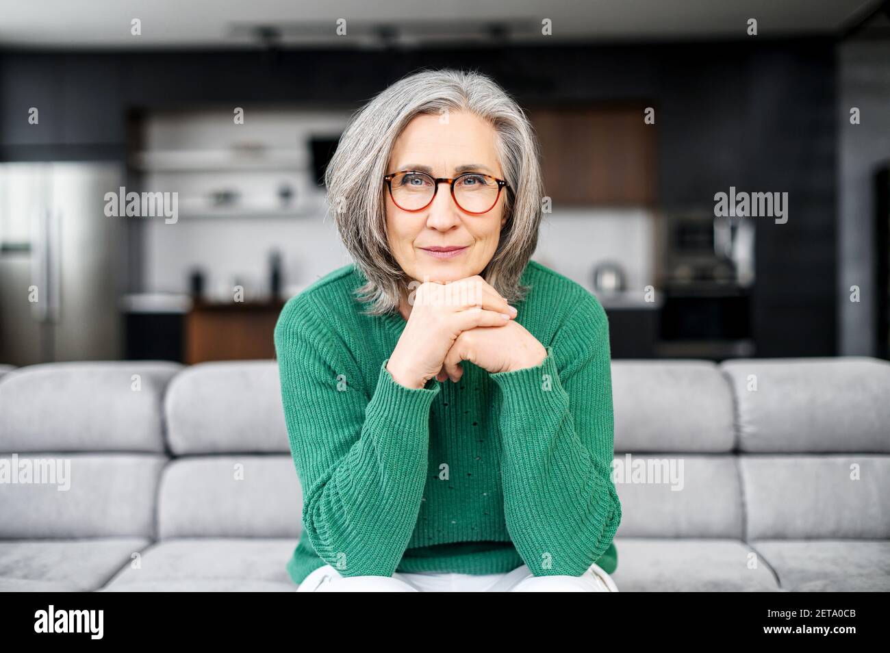 Ritratto di nonno freelancer femminile senior maturo con capelli grigi, donna d'affari con le mani sul mento in occhiali e ponticello verde seduto sul divano nel soggiorno di casa, guardando con sicurezza la fotocamera Foto Stock