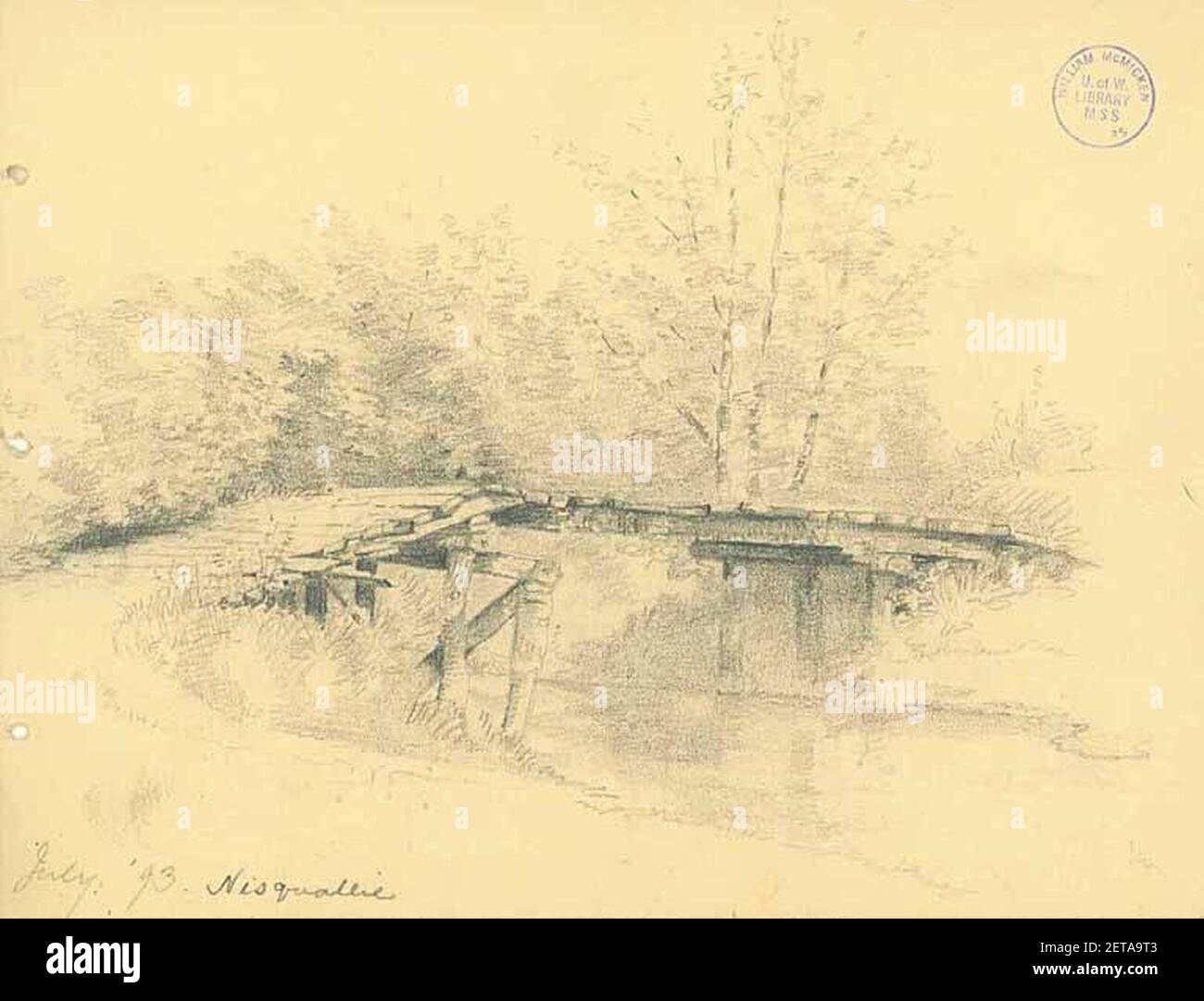 Disegno a matita del ponte rustico sul fiume Nisqually, luglio 1893 Foto Stock