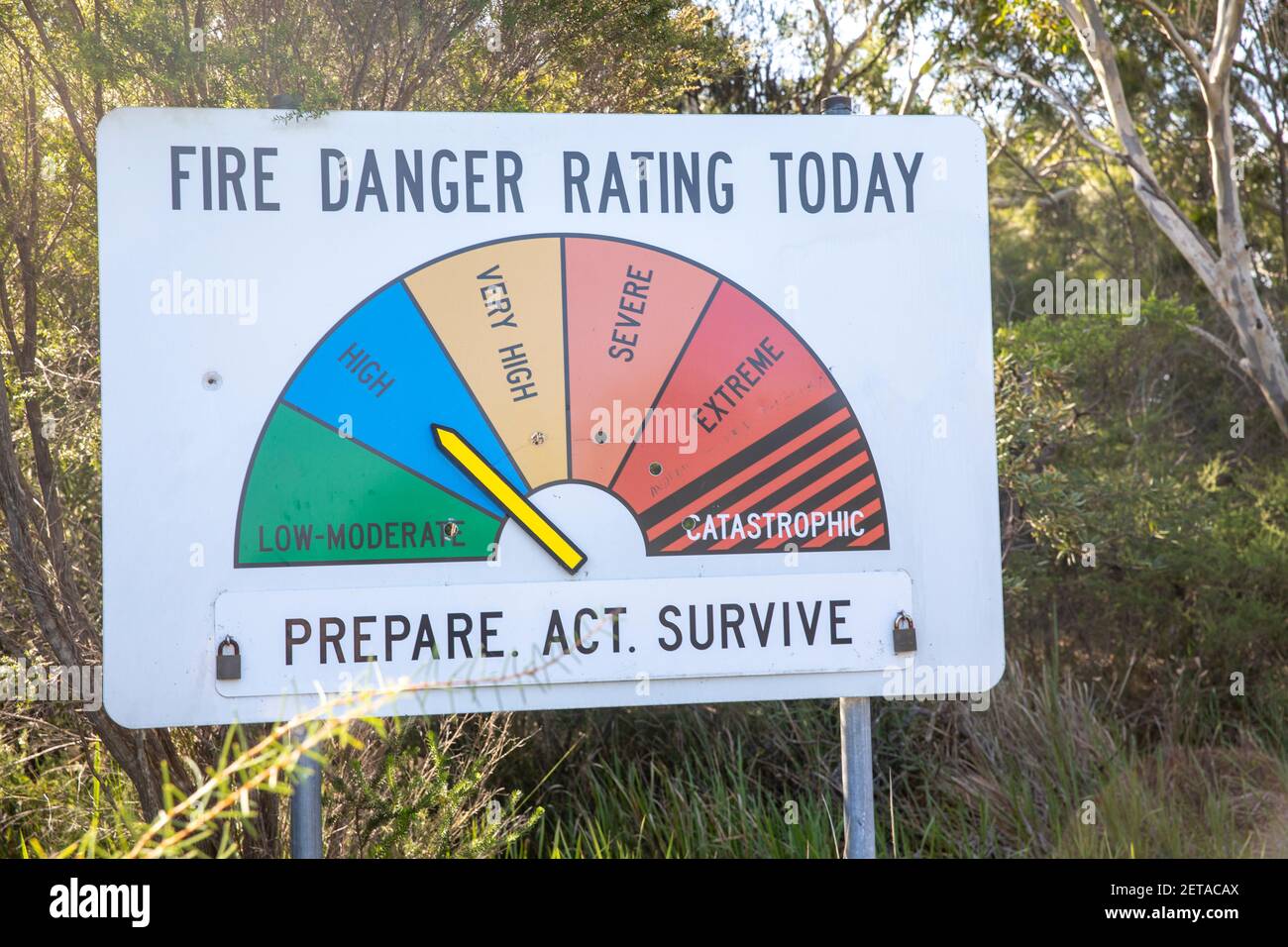 Il cartello di pericolo incendio pubblico per l'Australia indica il rischio di incendio In particolare aree di fuoco cespuglio a Sydney, qui a Ku ring parco nazionale di gai, NSW, Australia Foto Stock
