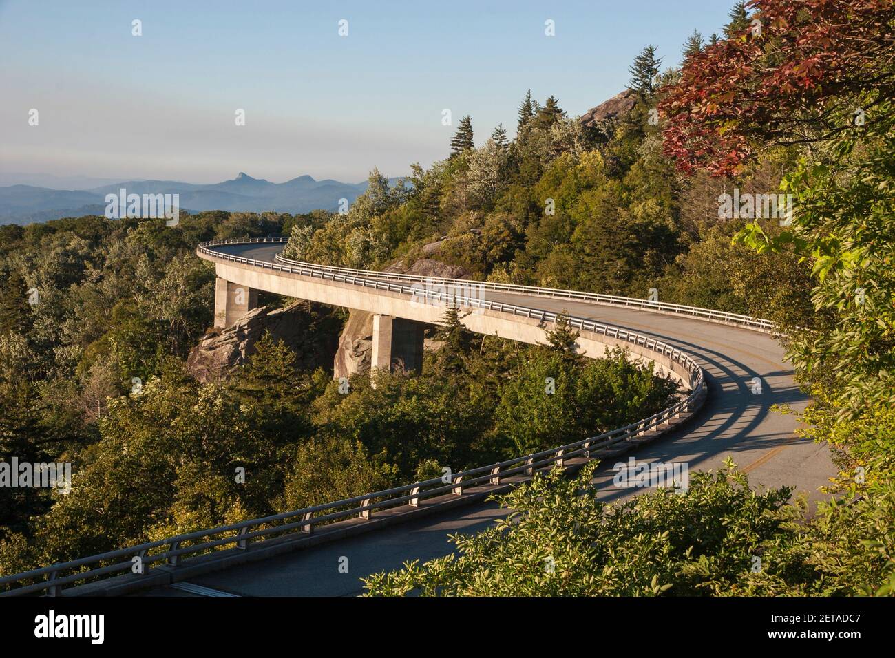 Linn Cove Viadotto in estate, Blue Ridge Parkway, Appalachian Mountains, Carolina del Nord, Stati Uniti Foto Stock