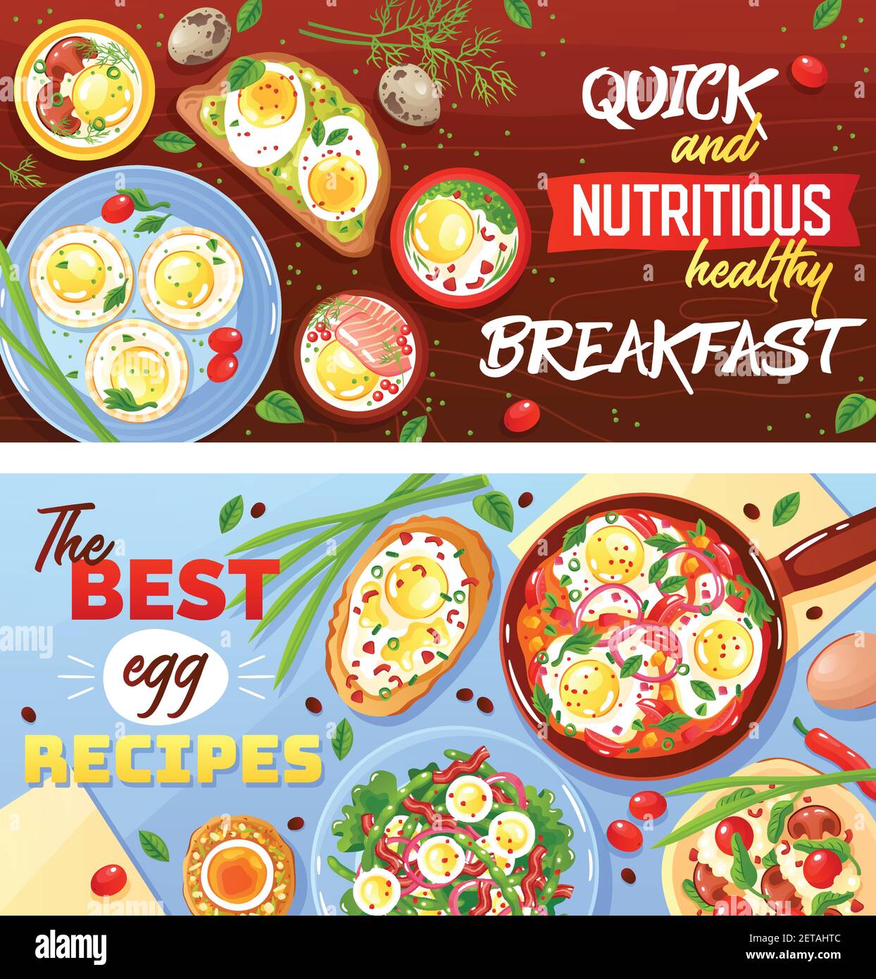 Ricette di piatti a base di uova, colazione rapida e sana banner piatti orizzontali illustrazione vettoriale isolata Illustrazione Vettoriale