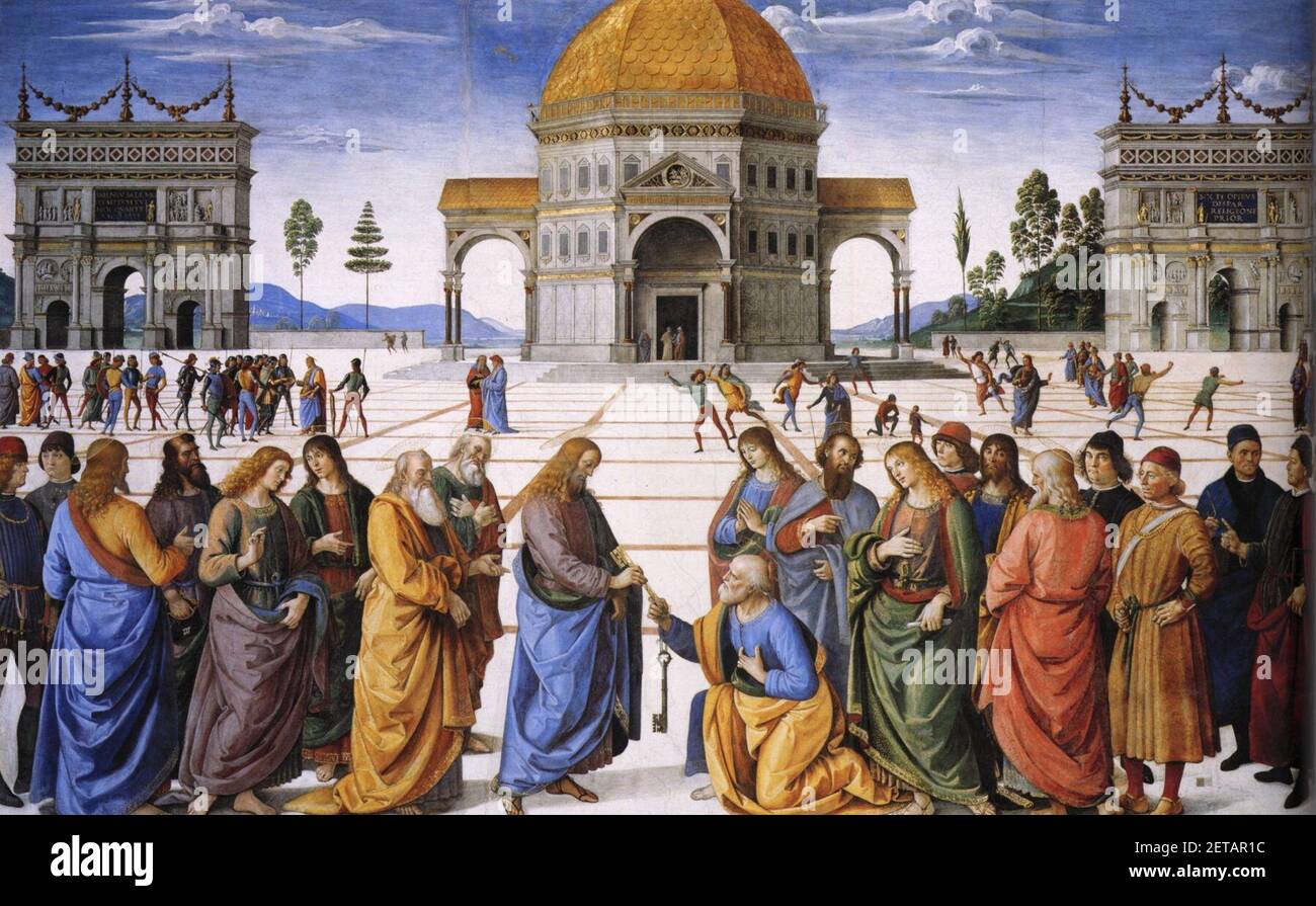 Perugino - Entrega de las laves a San Pedro (Capilla Sixtina, 1481-82). Foto Stock