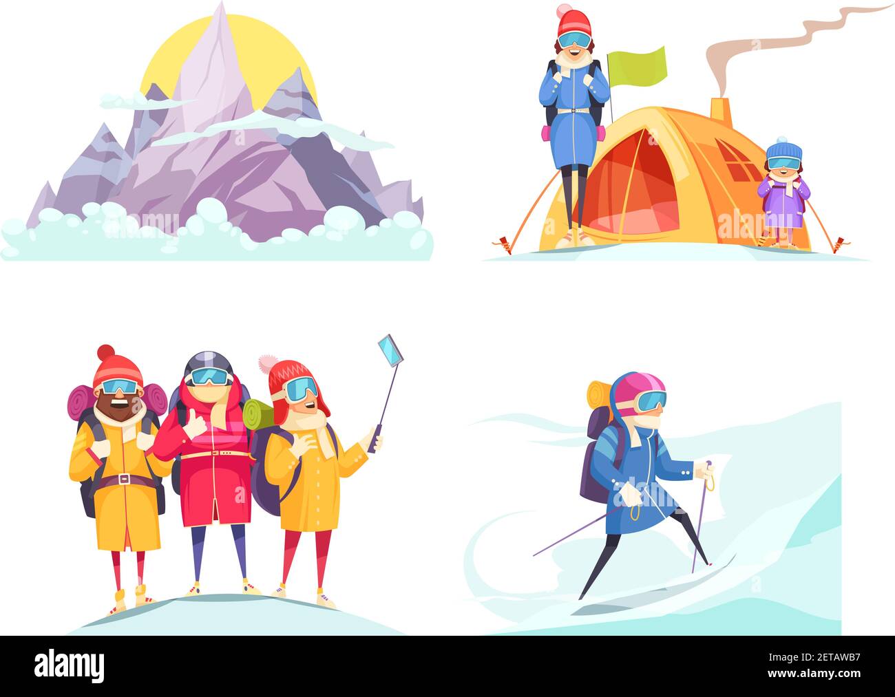 Cartoni animati alpinistici 4 disegni concept piazza con alpinisti alpini selfie tenda sull'illustrazione vettoriale isolata in alto Illustrazione Vettoriale