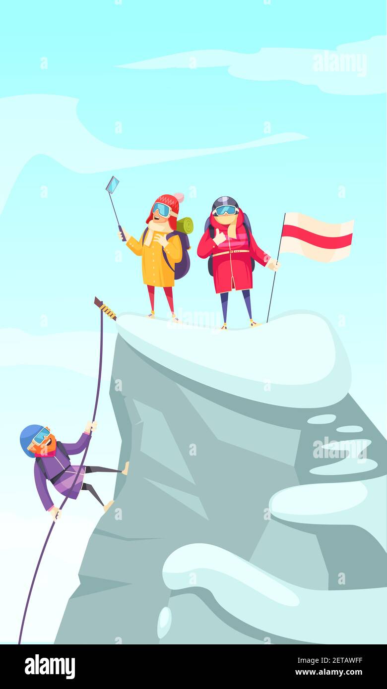 Foto cartoon alpinismo con alpinisti ascendenti picco roccioso e. fare selfie sull'illustrazione vettoriale superiore Illustrazione Vettoriale