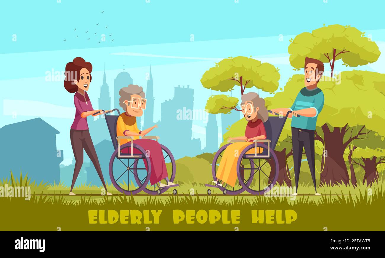 Lavoratori sociali vivai volontari domestici che prendono anziani disabili persone dentro sedie a rotelle esterno piano cartoni animati poster illustrazione vettoriale Illustrazione Vettoriale