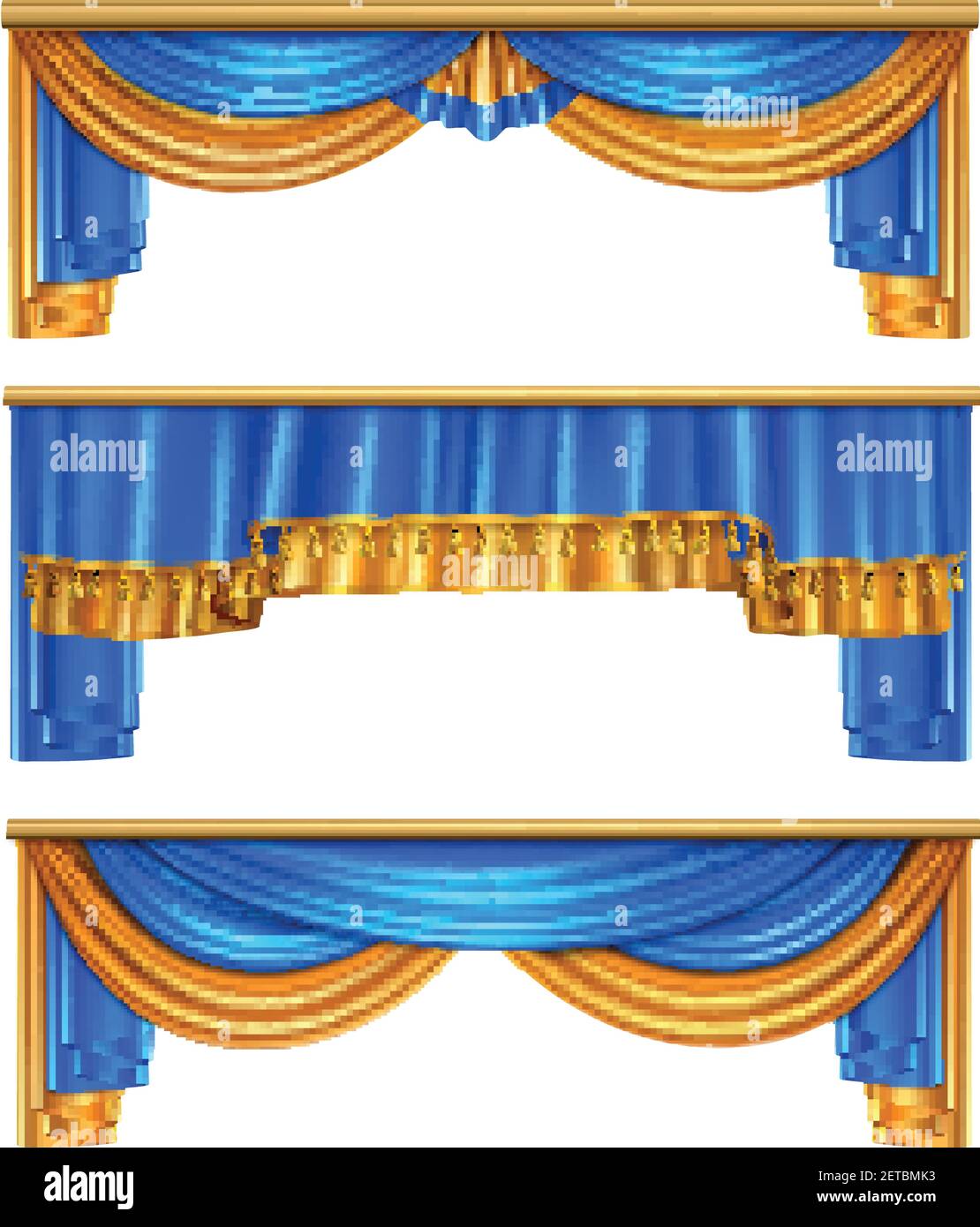 Set 3 di tende da drappeggio blu d'oro a volume pieno realistiche home finestre decorazioni idee isolato vettore illustrazione Illustrazione Vettoriale