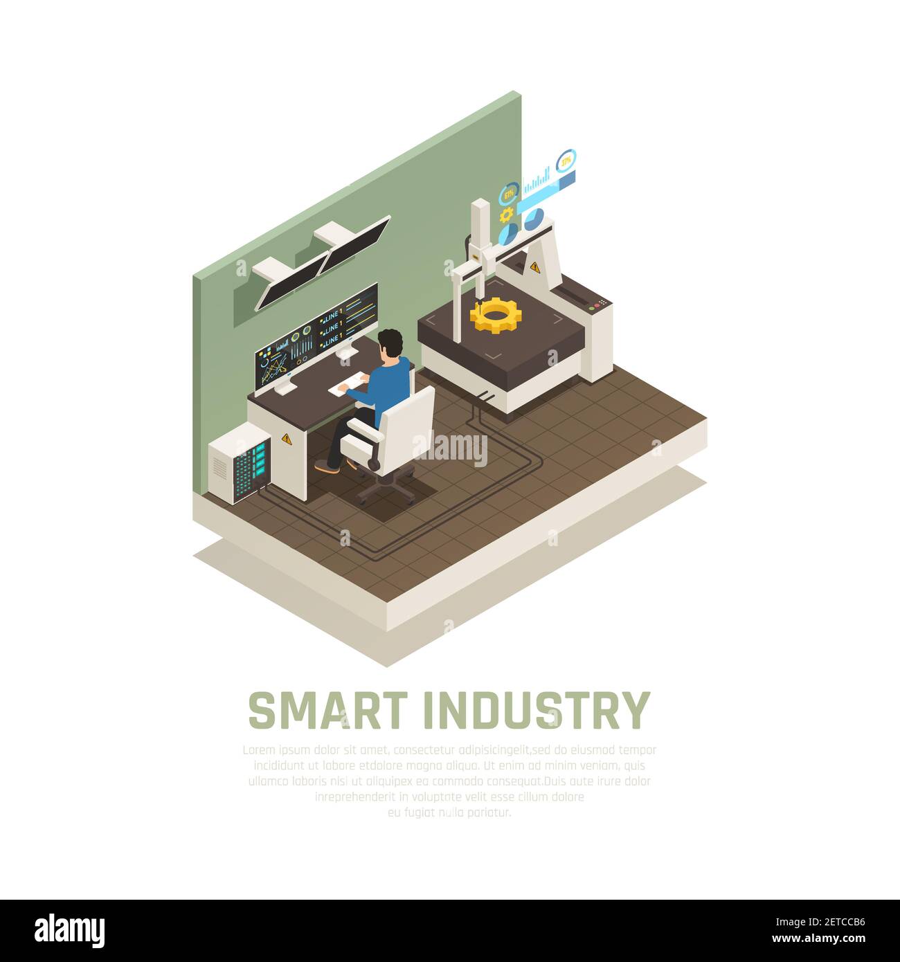 Concetto di fabbricazione intelligente con simboli operativi e tecnologici vettore isometrico illustrazione Illustrazione Vettoriale