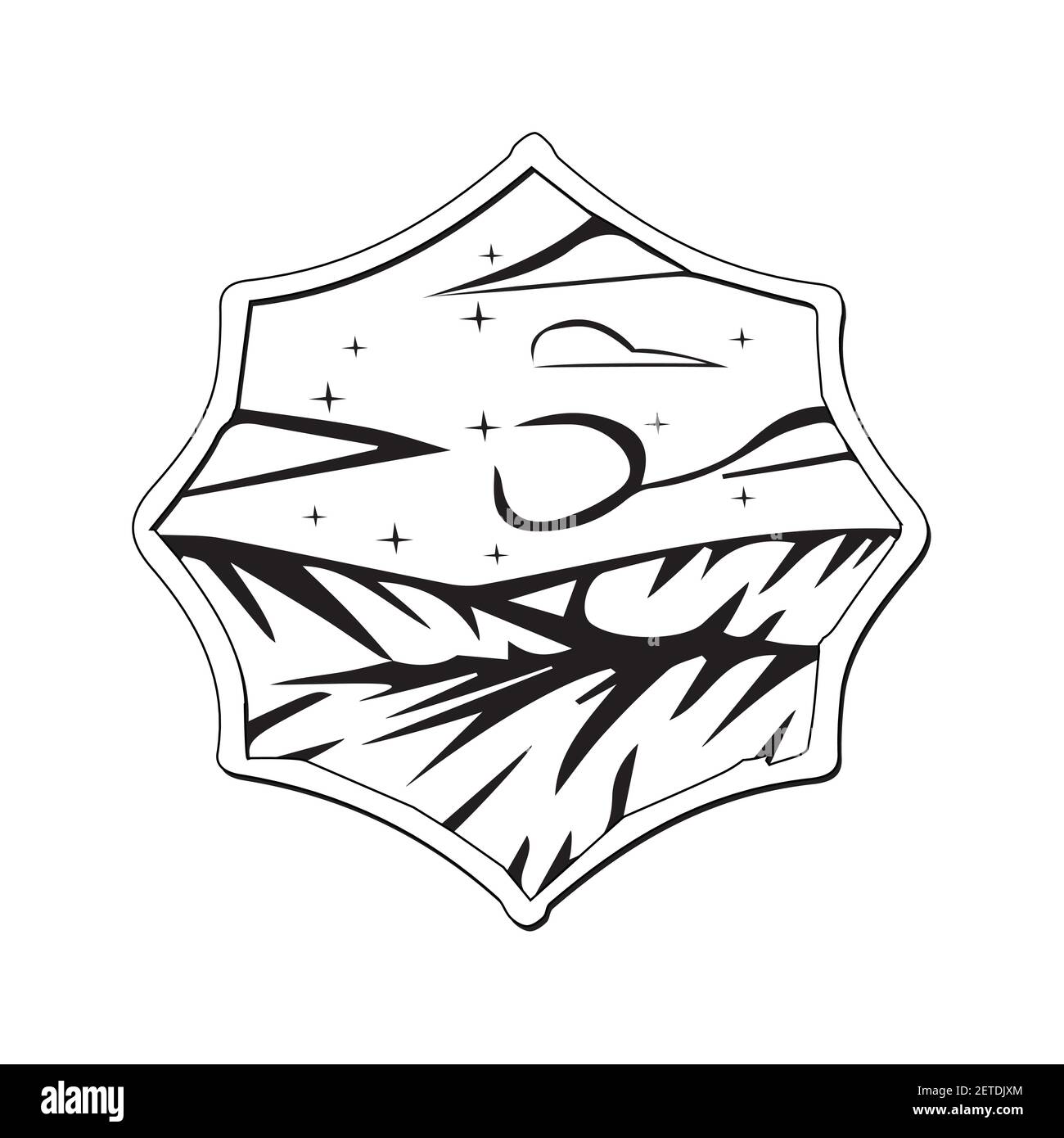 Vettore badge Starry Night Meadow. Vista stellata con illustrazione della montagna. Illustrazione Vettoriale