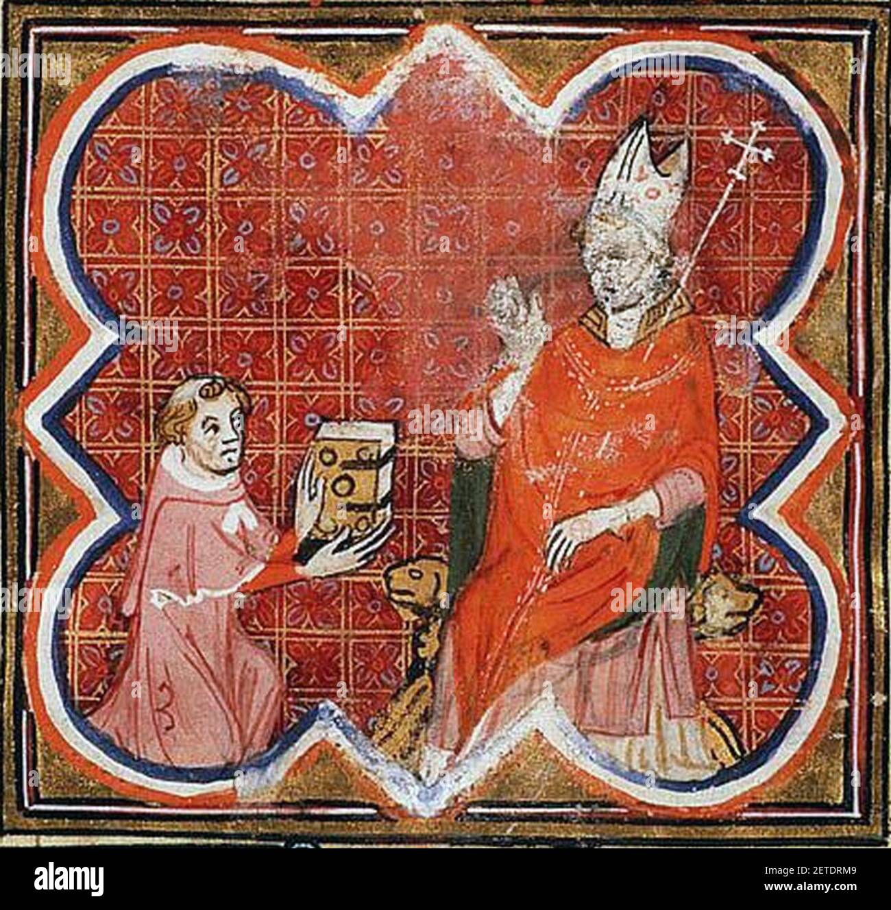 Petrus Comestor presenta il suo libro all'Arcivescovo Guillaume di Sens. Foto Stock