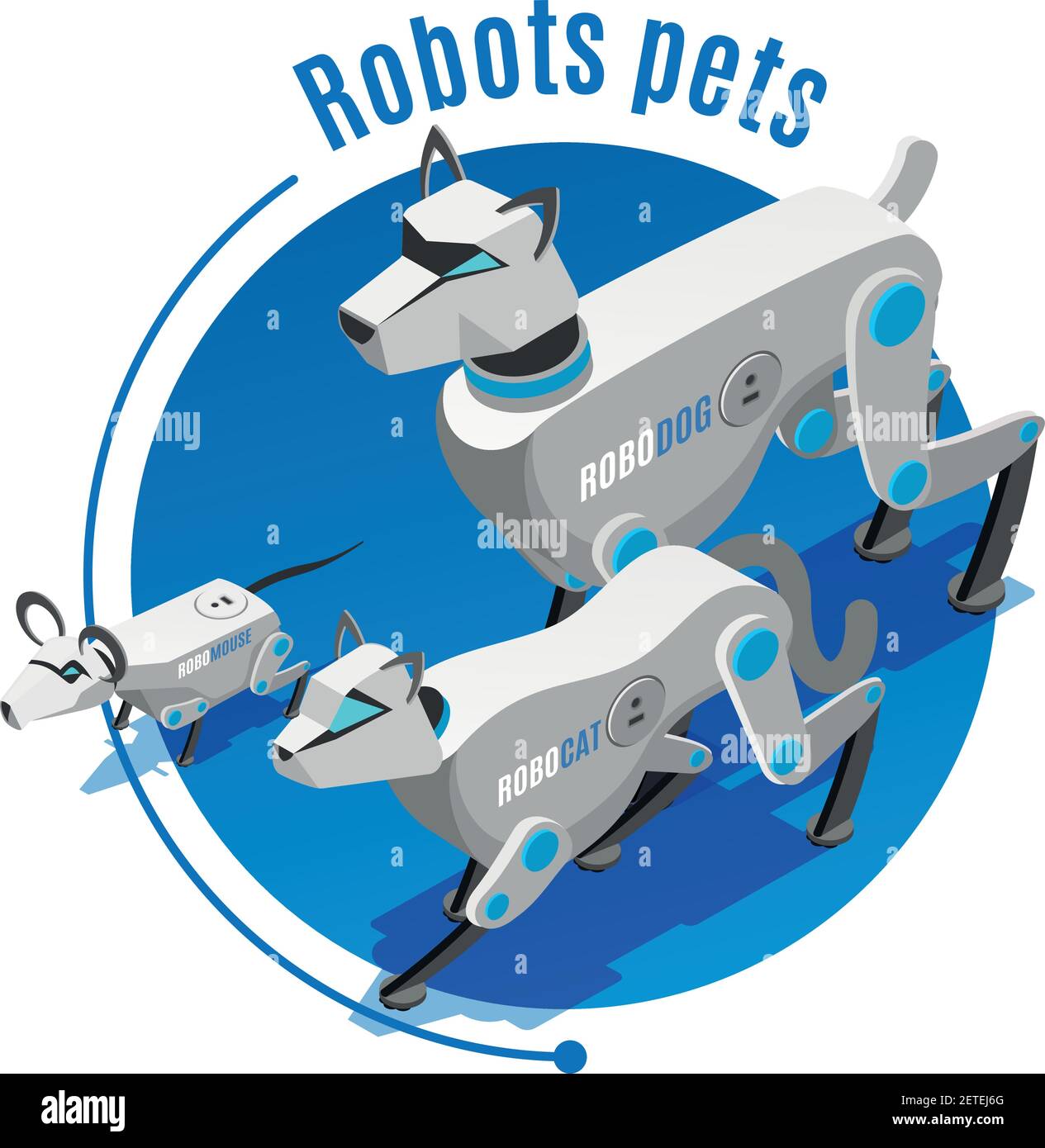 Composizione rotonda di fondo isometrica per animali da compagnia robotici con cane da gatto automatico companions mouse elettronico giocattolo dispositivo vettore illustrazione Illustrazione Vettoriale
