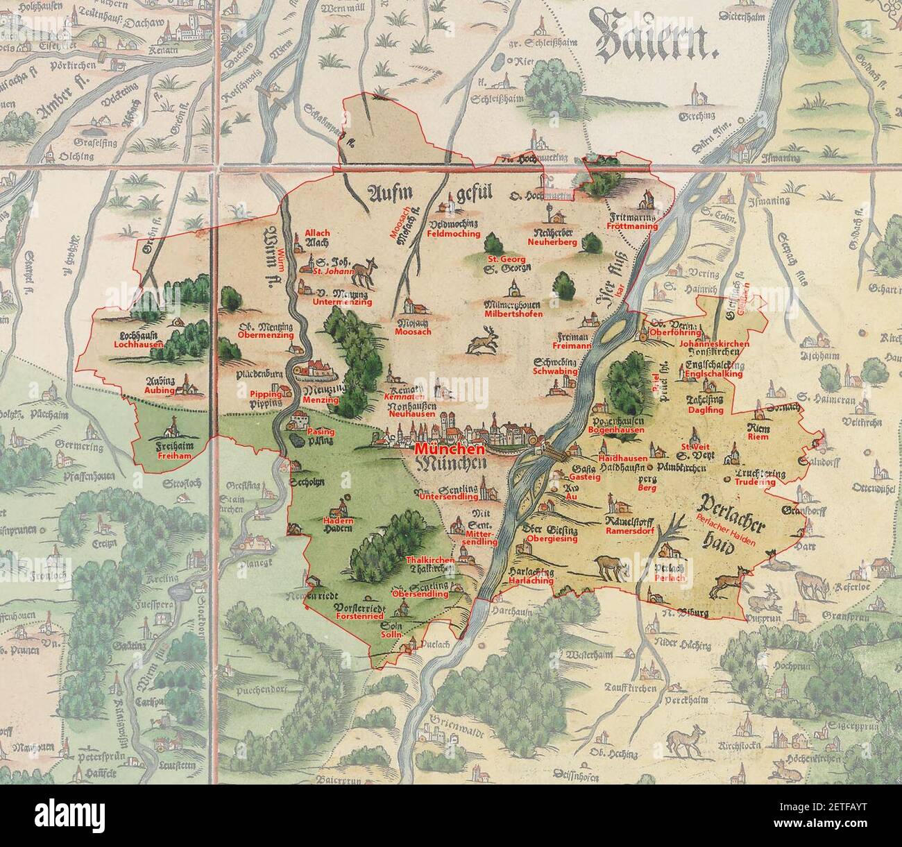 1568 Apian - Bairische Landtafeln von München - Ausschnitt Landtafeln (Gegenüberstellung). Foto Stock