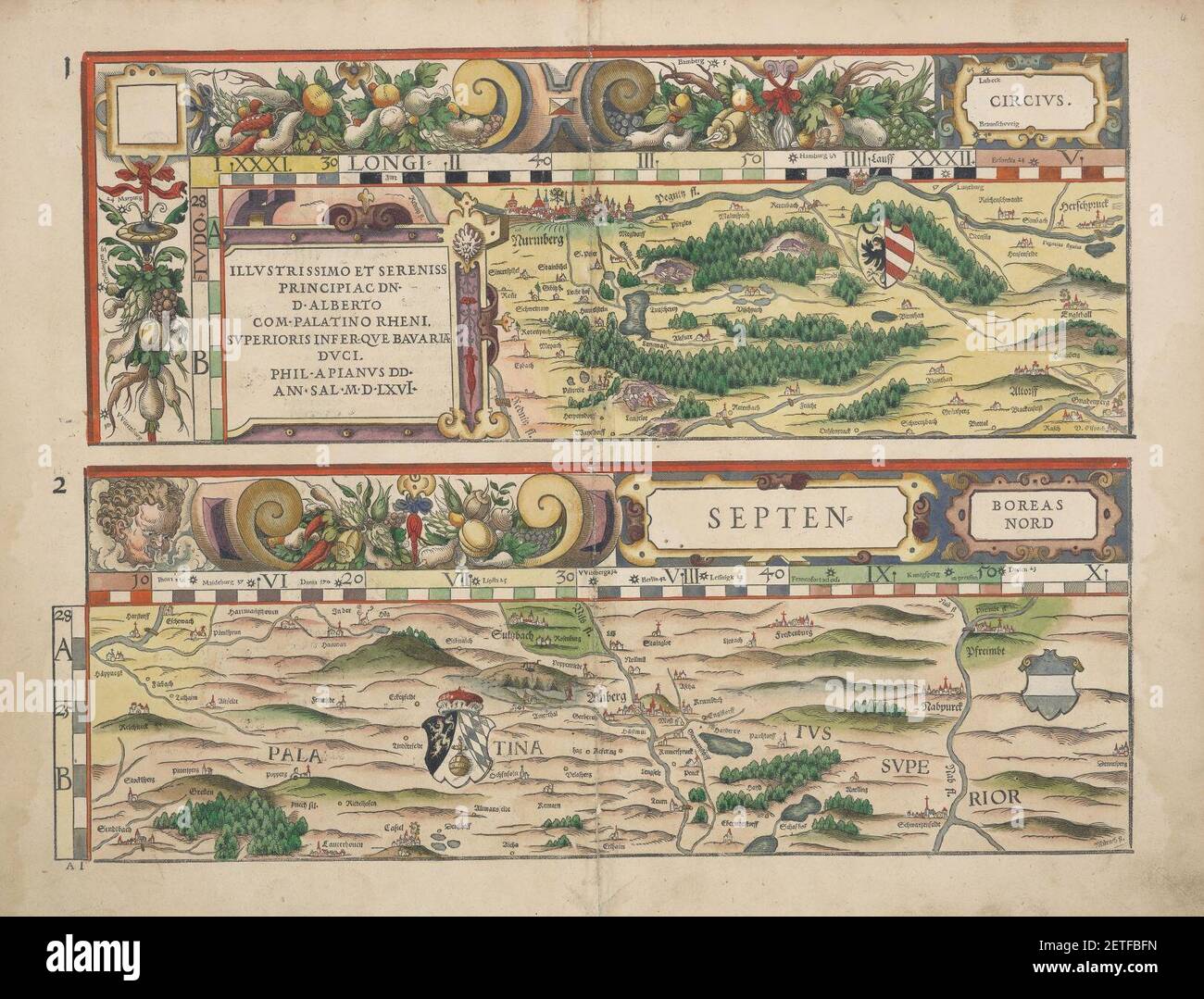 Philip Apian - Bairische Landtafeln von 1568 - Tafel 01-02. Foto Stock