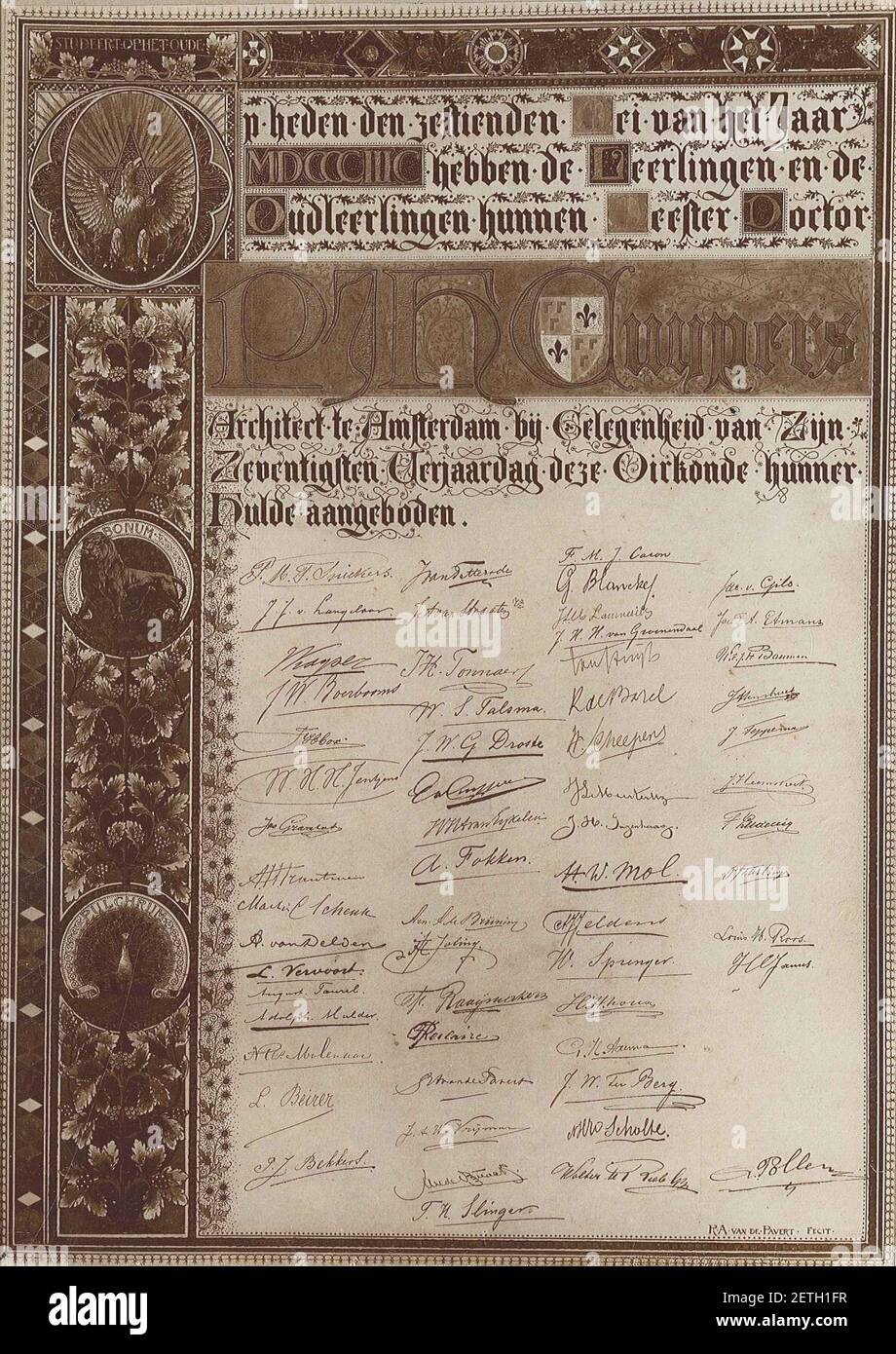 Riproduzione fotografica del foglio commemorativo al settantesimo compleanno di Pierre Cuypers Cuypershuis 0487. Foto Stock