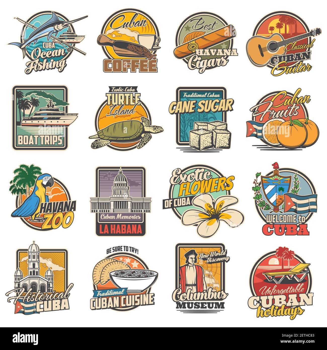 Cuba e l'avana viaggio, attrazioni turistiche e cibo retro icone set. Pesca oceanica, caffè e sigari havana, chitarra classica, gite in barca e tartaruga Illustrazione Vettoriale