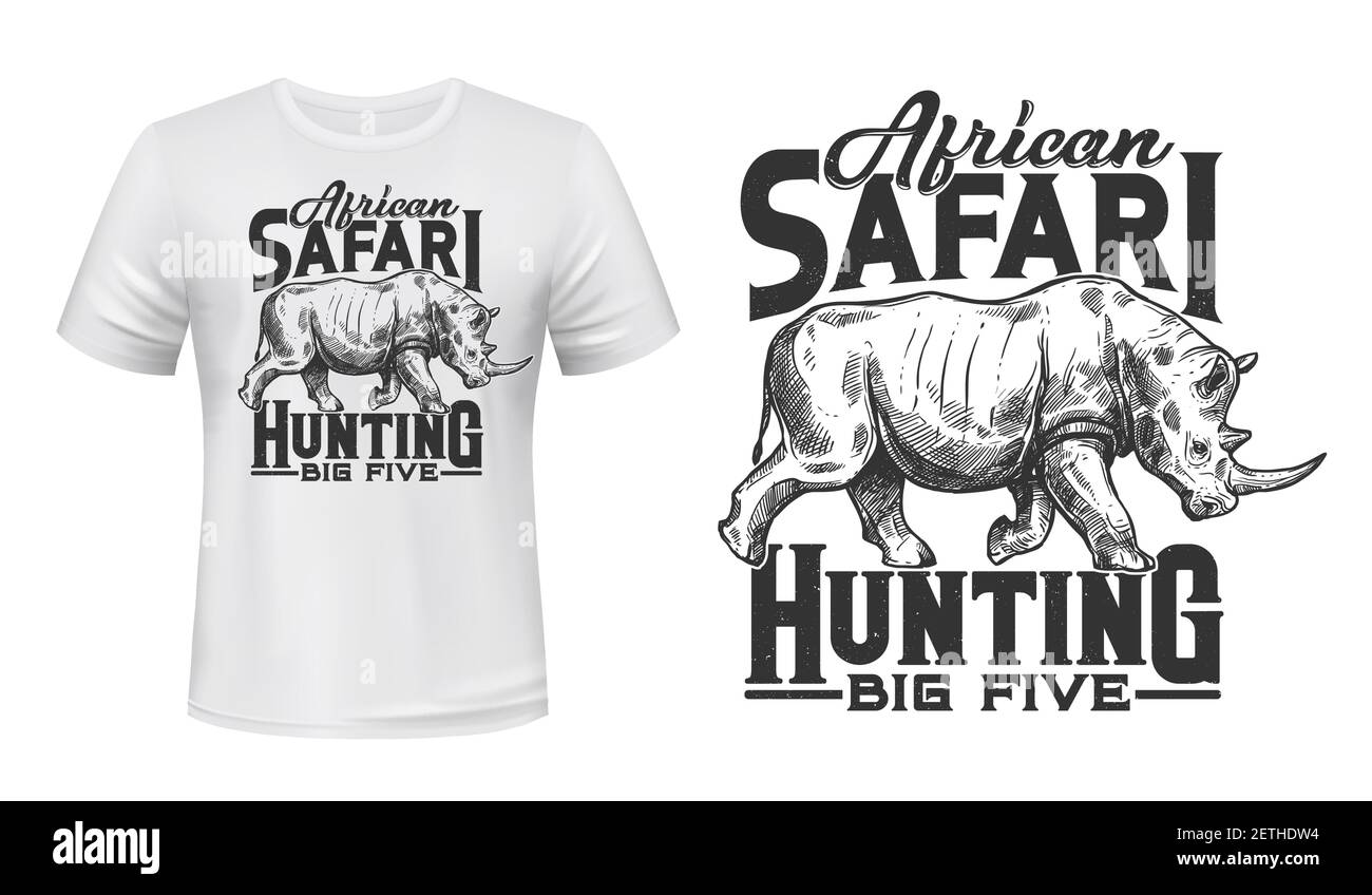 Safari caccia t-shirt vettore stampa con rhino. Rhinoceros africani in bianco o nero inciso illustrazione e tipografia. Safari africano grande cinque huntin Illustrazione Vettoriale