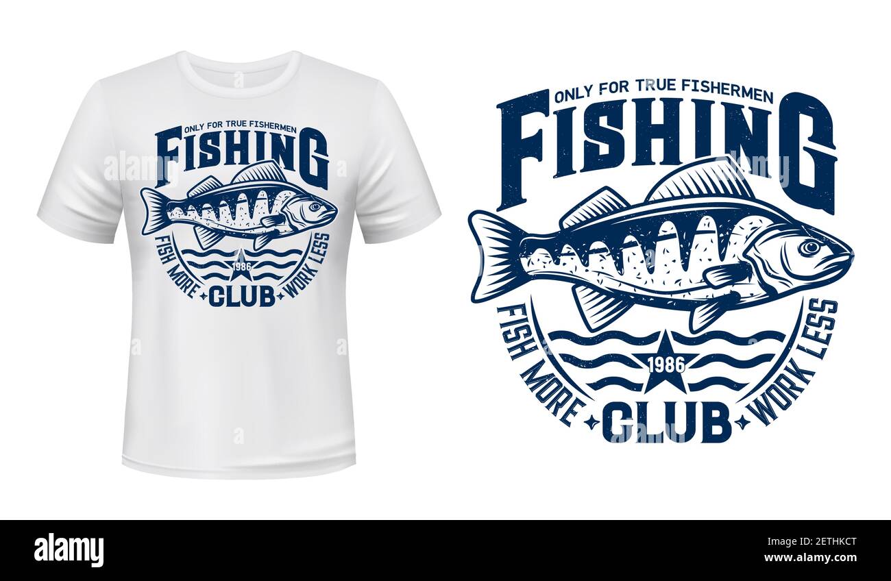 T-shirt Seaking pesce persico. Mascotte vettoriale del club di pesca marittima. Stemma di una maglietta blu con pesci di mare sulle onde. Modello di abbigliamento della squadra di pesca con f Illustrazione Vettoriale