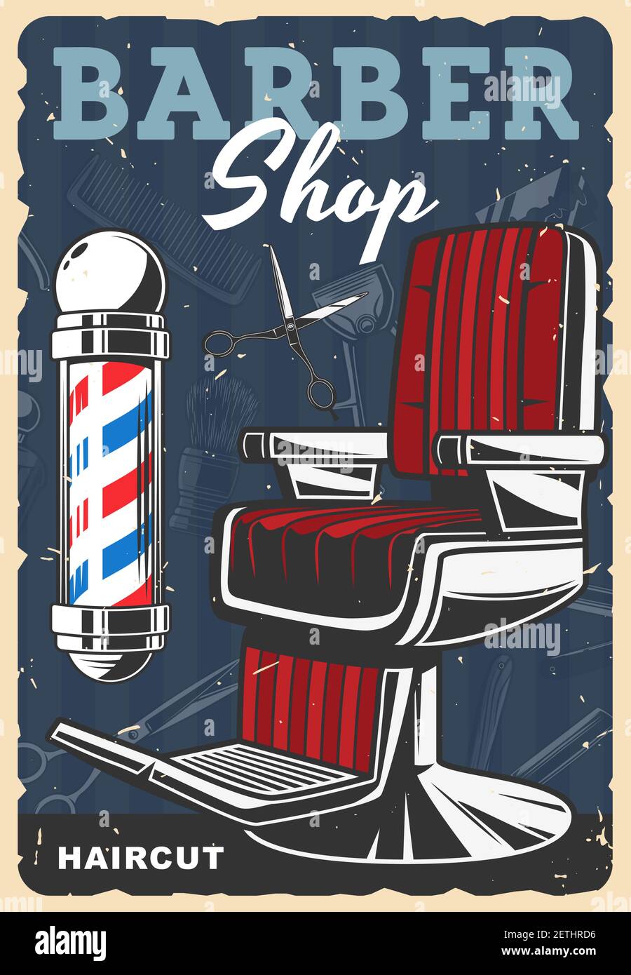 Barbiere negozio poster retrò. Parrucchieri uomo, parrucchieri stilista  salone vintage banner. Barbiere sedia classica, utensili e attrezzature per  la rasatura, forbici, cl Immagine e Vettoriale - Alamy