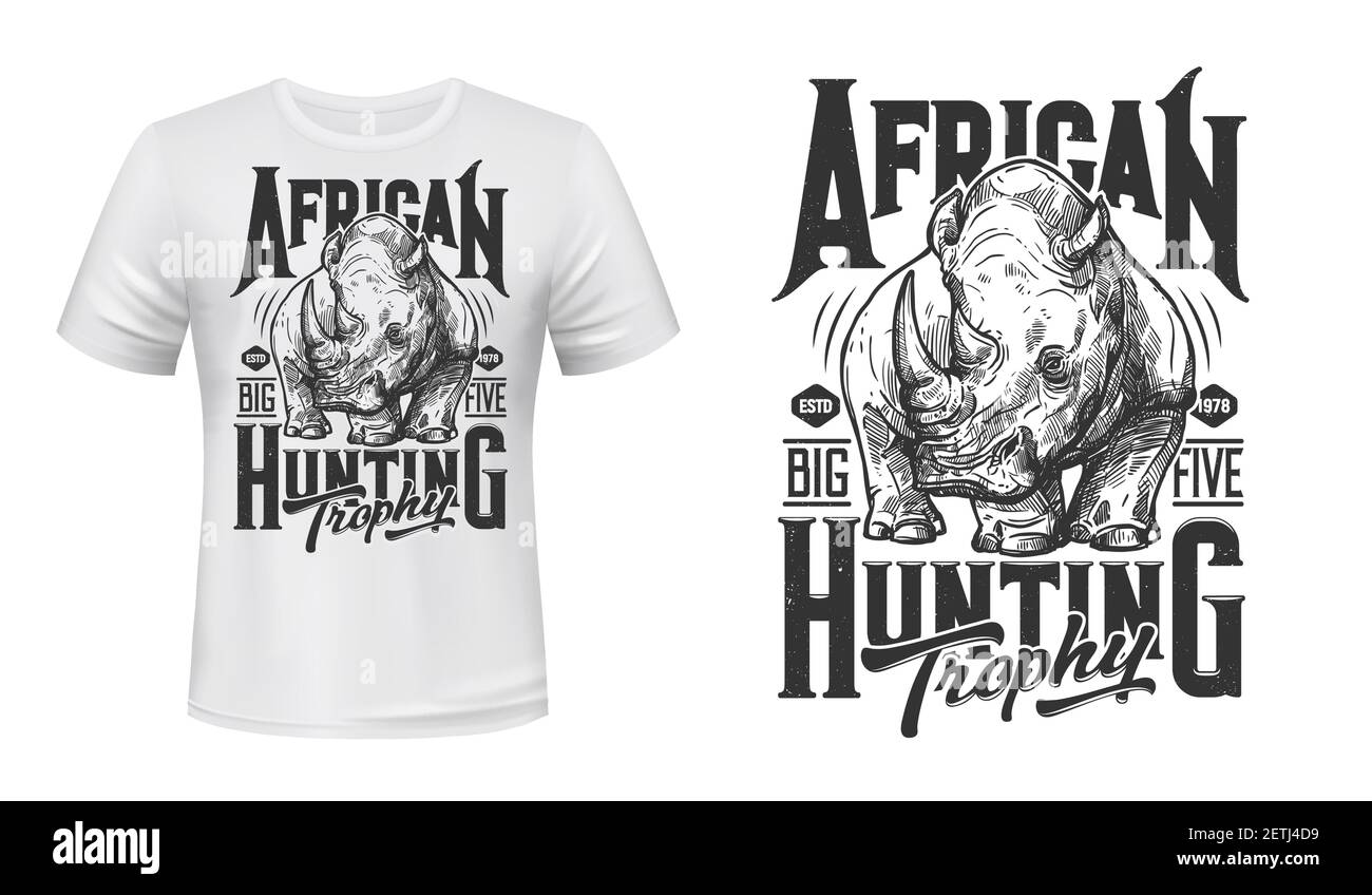 Stampa vettoriale t-shirt da caccia al rinoceronte africano. Mascotte di rinoceronte nere o bianche incise illustrazione e tipografia. Trofeo di caccia in Africa, Big Five Illustrazione Vettoriale