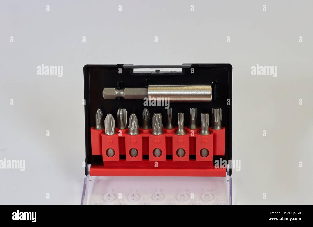 Un set di punte per avvitare le viti con un trapano, un cacciavite Foto Stock