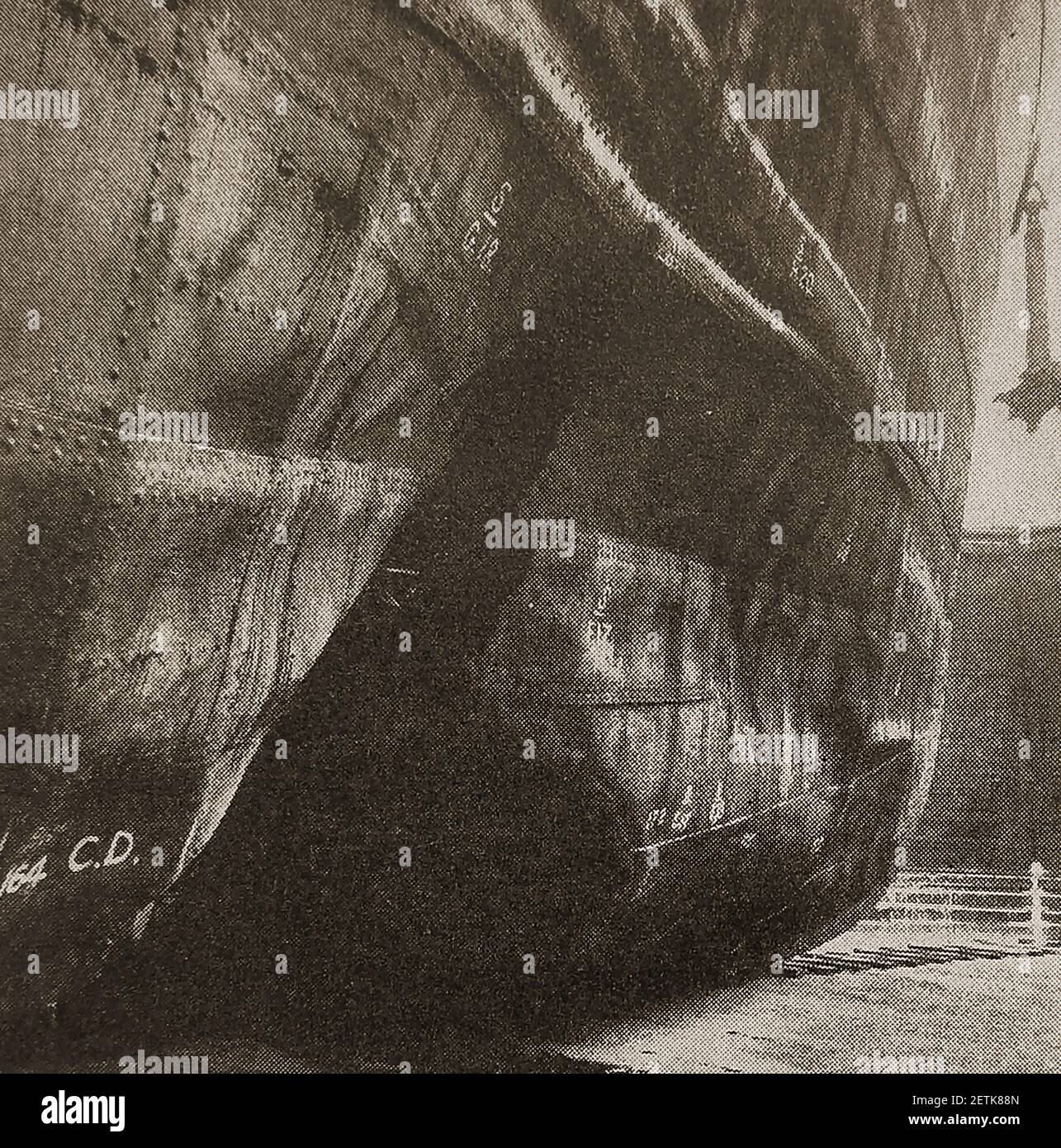 Una vecchia foto stampa del circa della seconda guerra mondiale che mostra la nave britannica (petroliera) M.V. BRITISH EARL in bacino asciutto a Sniths Dock con un grande buco nel suo scafo causato da colpire una miniera in mare. Fu costruita da Armstrong, Whitworth & Co Ltd di Newcastle upon Tyne nel Low Walker Yard nel 1901 ( lanciato: 08/12/1900 completato: 01/03/1901) . Originariamente chiamata Pinna, fu acquisita nel 1917, venduta in Italia nel 1929 e scutled nel 1940 . È stata rifloata e rilevata dal governo degli Stati Uniti con un nuovo nome Orissa, la nave è stata demolita nel 1950 essendo stata anche nominata Tankschindler, Trottiera & Malvern Foto Stock