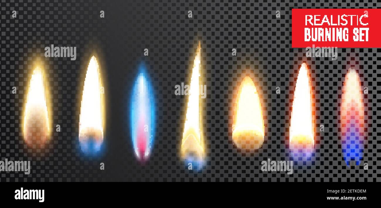 Insieme di icone trasparenti colorate isolate e realistiche con colori diversi e forme di illustrazione del vettore di fiamma Illustrazione Vettoriale