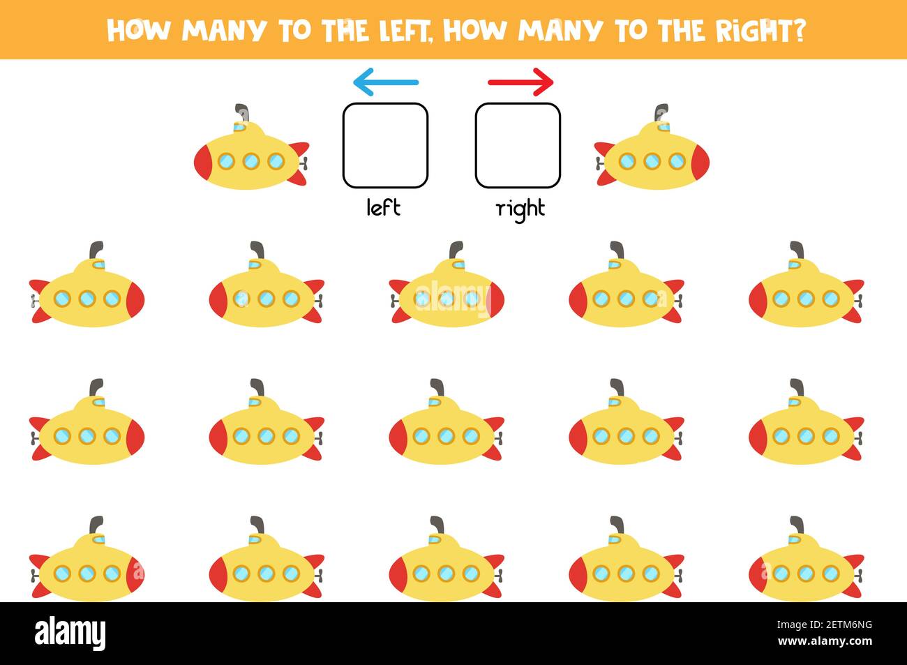 Sinistra o destra con sottomarino cartoon. Gioco educativo per imparare a sinistra e a destra. Illustrazione Vettoriale