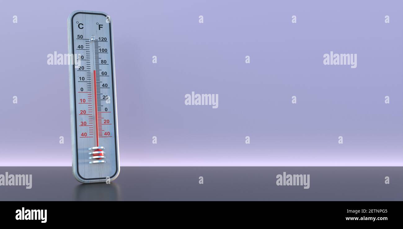 Temperatura ambiente interno, settanta gradi Fahrenheit, casa calda  comfort. Termometro meteorologico su sfondo di colore viola blu, interno  della casa. illus 3d Foto stock - Alamy