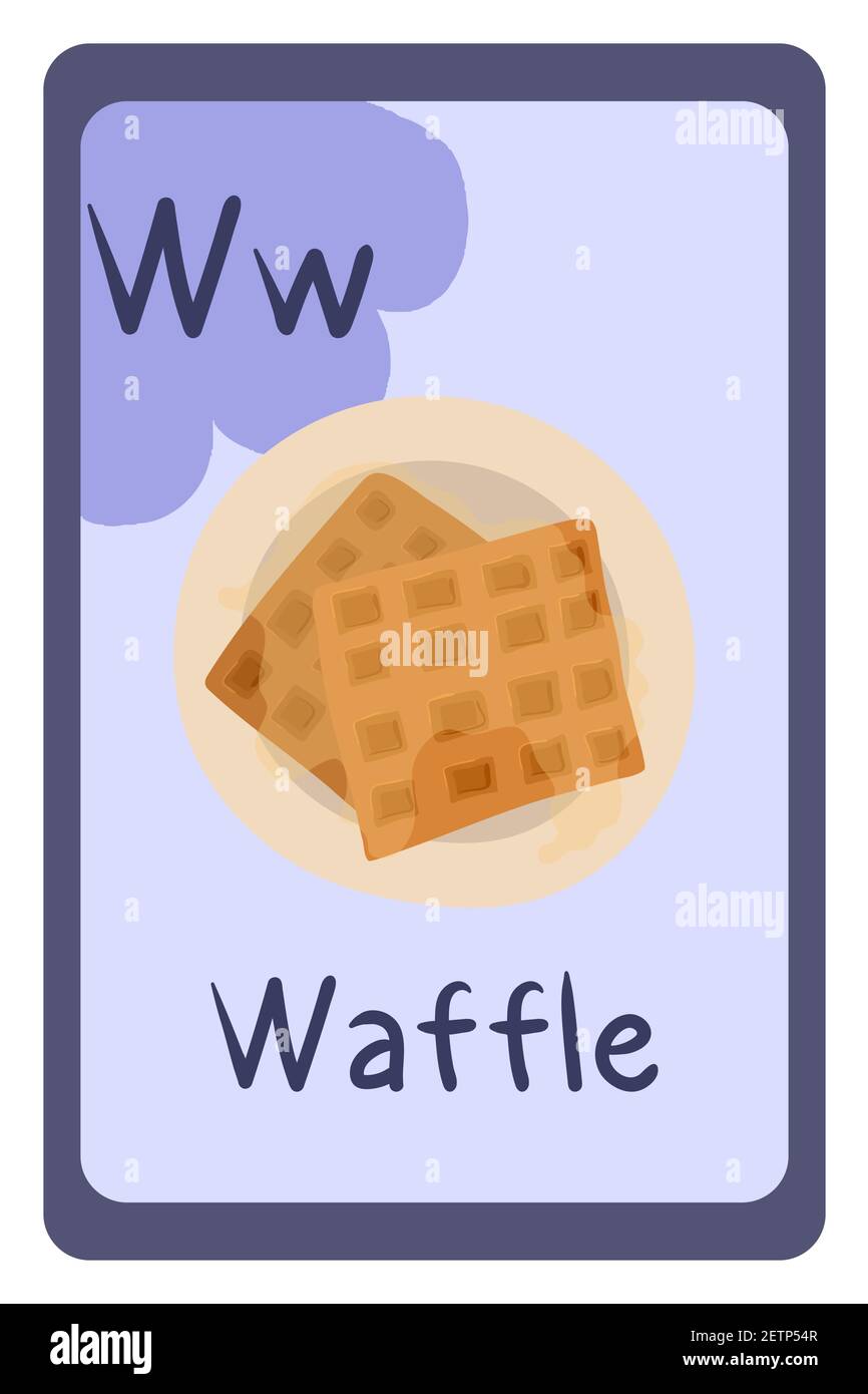 Flash card colorata per educazione abc, waffle Letter W, colazione belga con miele. Illustrazione vettoriale dell'alfabeto con cibo, frutta e verdura. Scuola, studio, apprendimento. Illustrazione Vettoriale