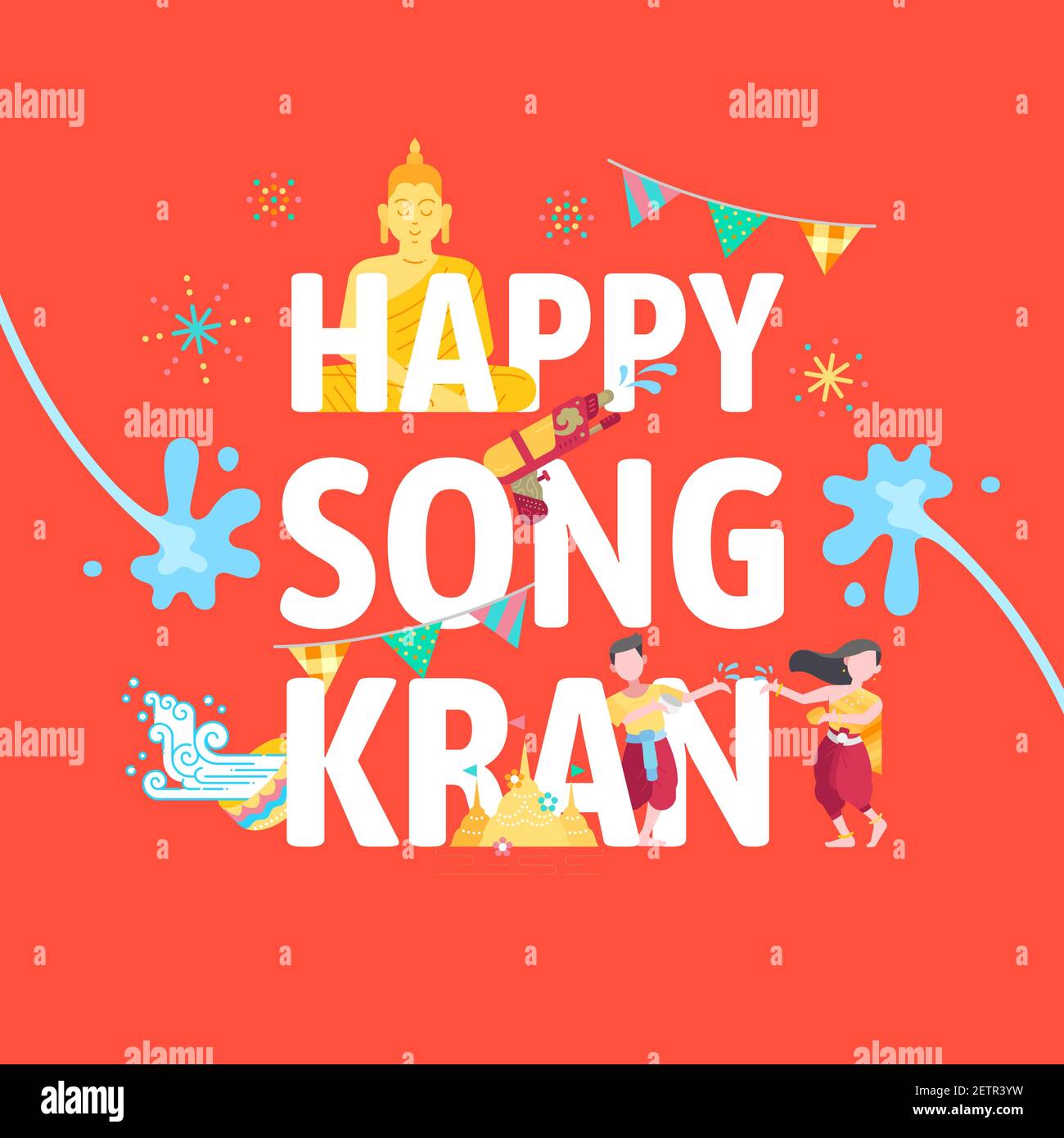 Songkran Thailandia spruzzi d'acqua festival celebrazione vettore illustrazione. Design piatto. L'uomo e la donna che giocano acqua splash nel buddismo nuovo anno di sistema Illustrazione Vettoriale