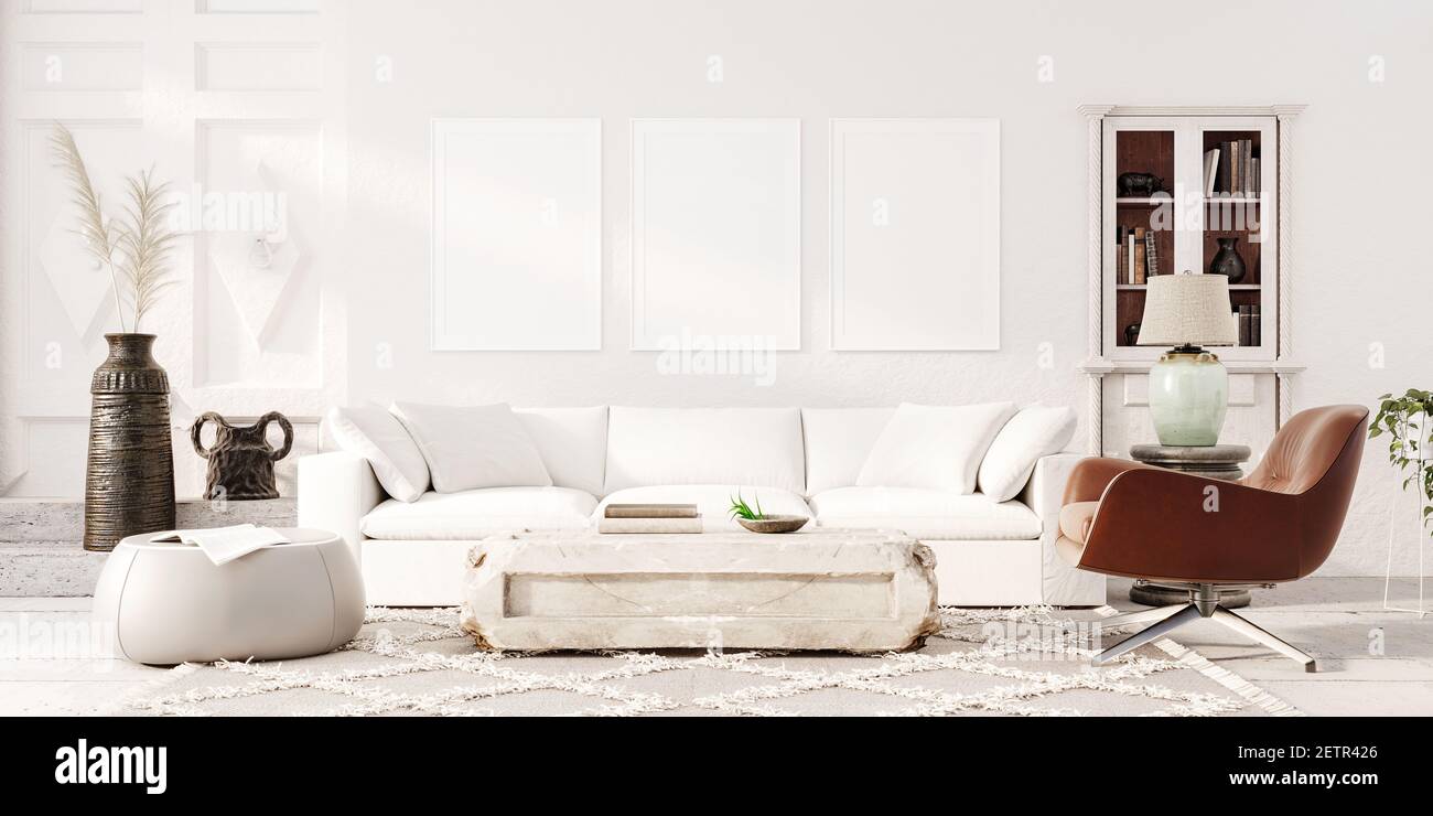 Moderno design degli interni del salotto bianco con decorazioni e cornici da disegno vuote 3D rendering, illustrazione 3D Foto Stock