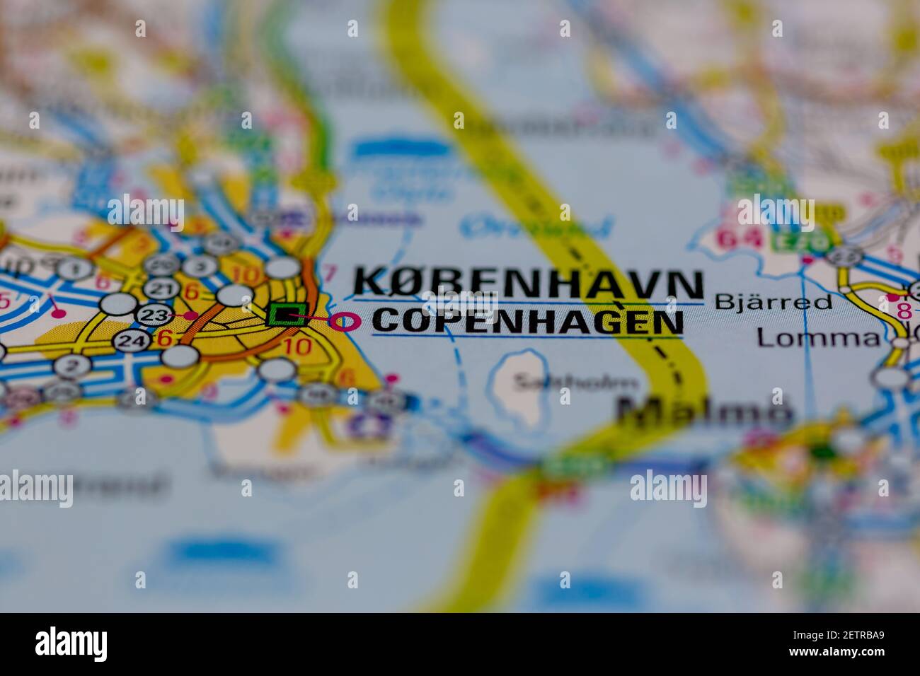 Copenaghen è mostrata su una mappa stradale o su una mappa geografica e. atlante Foto Stock