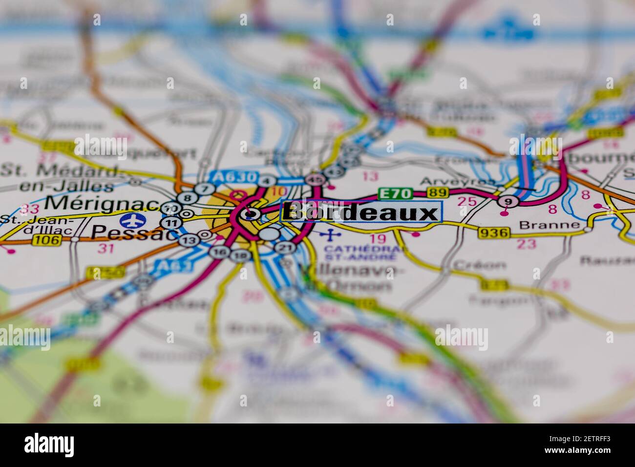 Bordeaux visualizzato su una mappa stradale o su una mappa geografica e. atlante Foto Stock