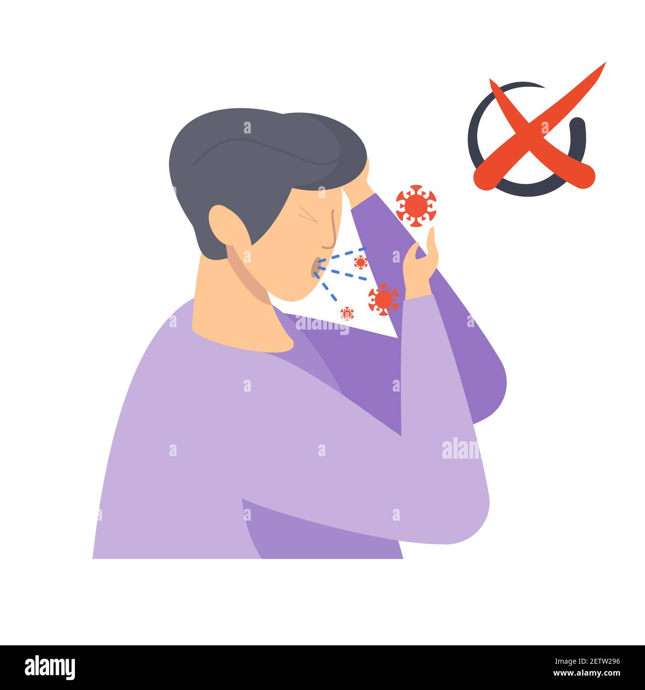 Persona tosse senza coprire la bocca. Immagine piatta vettoriale. Illustrazione Vettoriale