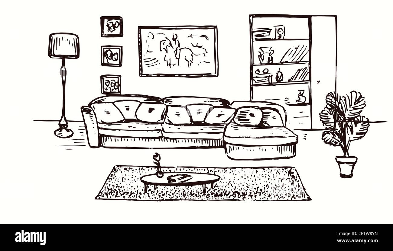 Interno soggiorno con divano, doodle disegnato a mano, disegno in stile  gravure, illustrazione del disegno Foto stock - Alamy