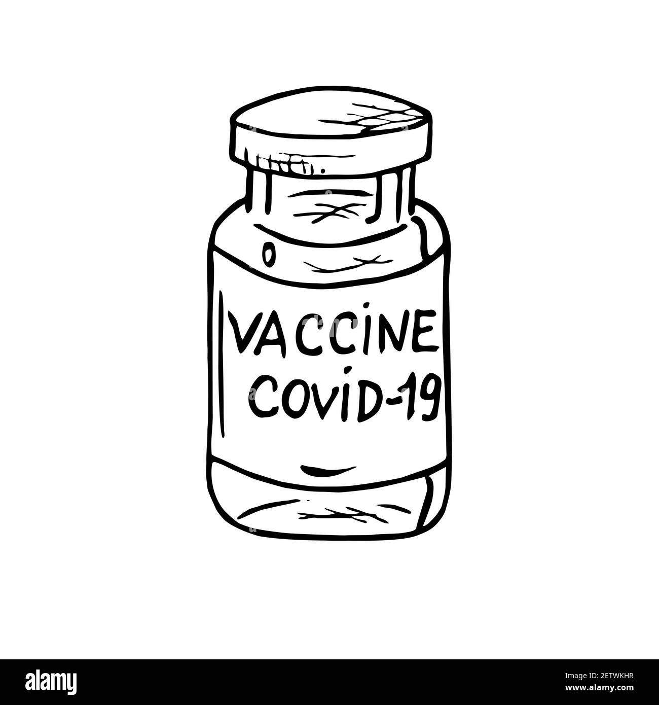 Vaccino COVID-19, disegno a mano doodle gravure vintage stile, disegno illustrazione Foto Stock