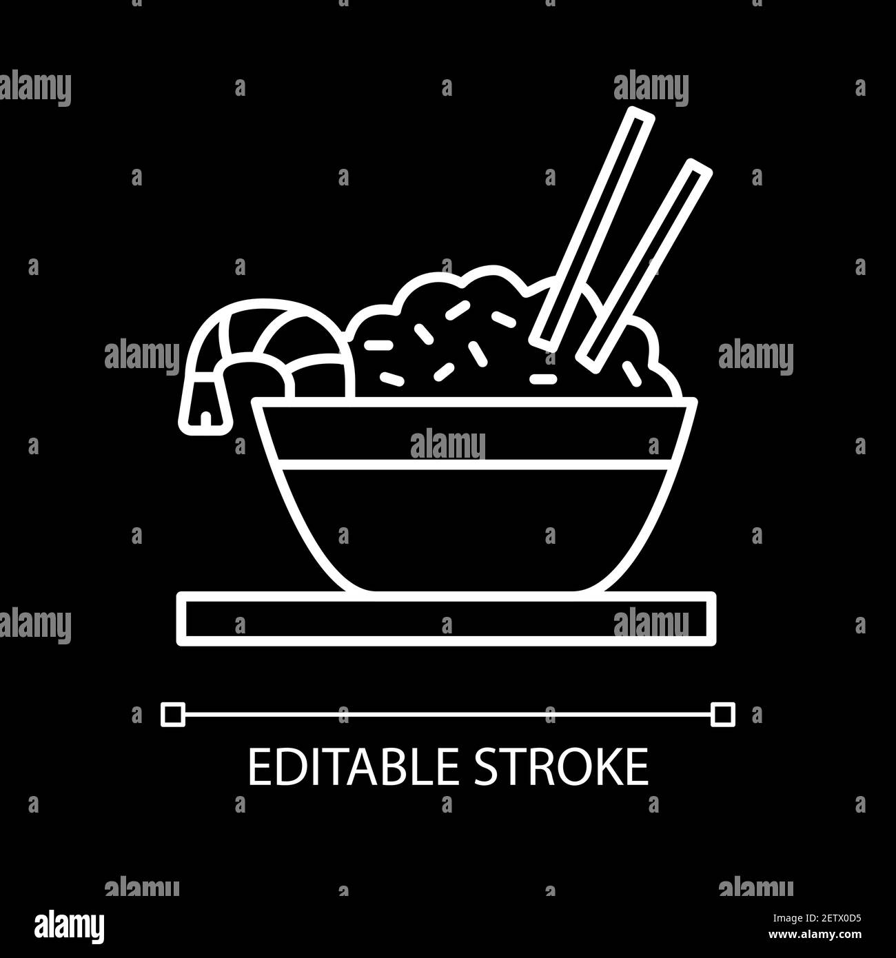 Riso con icona lineare bianca di gamberi per tema scuro Illustrazione Vettoriale