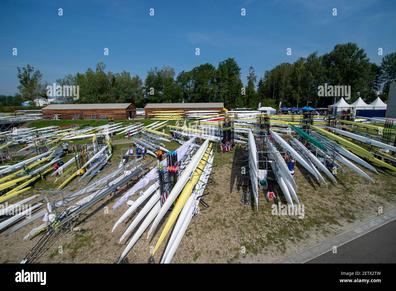 Linz, Austria, Sabato, 24 agosto 2019,, Campionato Mondiale di canottaggio FISA, Regata, viste generali, del parco barche e pontoni nautici, [credito obbligatorio; Peter SPURRIER/Intersport Images] Foto Stock