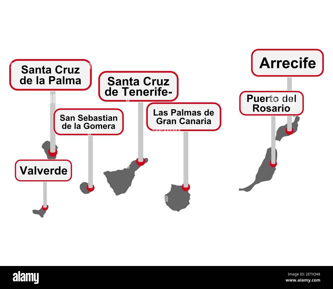 I cartelli con il nome e la mappa delle isole Canarie Foto Stock