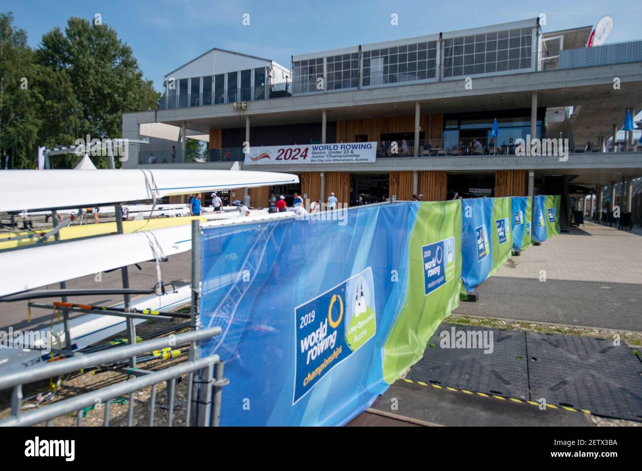 Linz, Austria, sabato 24 agosto 2019, Campionato Mondiale di canottaggio FISA, Regata, viste generali, del parco delle barche e dei pontoni nautici, [credito obbligatorio; immagini Peter SPURRIER/Intersport] Foto Stock